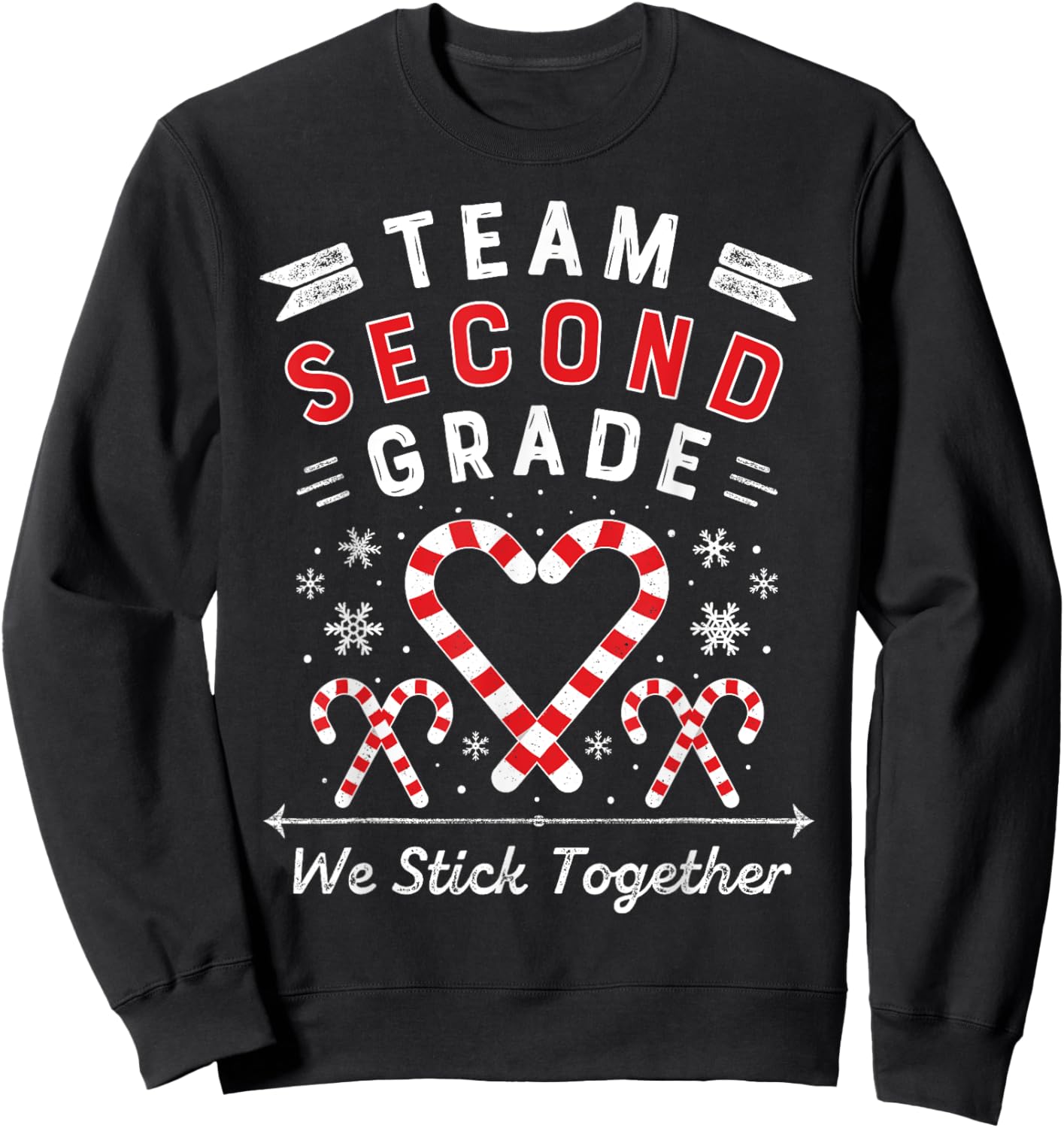 Team Second Grade Christmas Candy Cane Heart | Xmas Teacher Men Women Kids Sweatshirt - Sweatshirt | Black