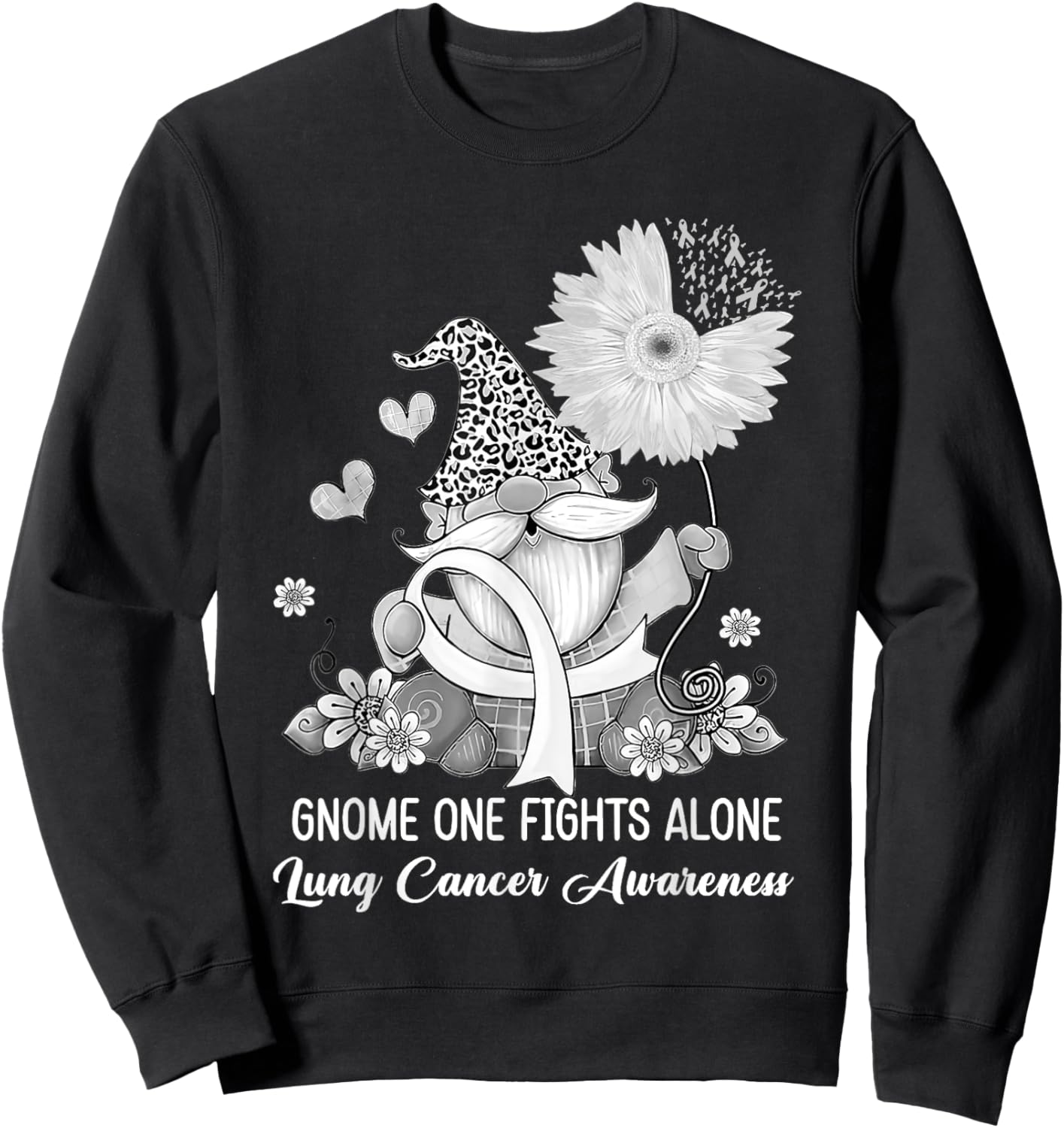 Gnome One Fights Alone Ribbon Lung Cancer Awareness Sweatshirt - Sweatshirt | Black