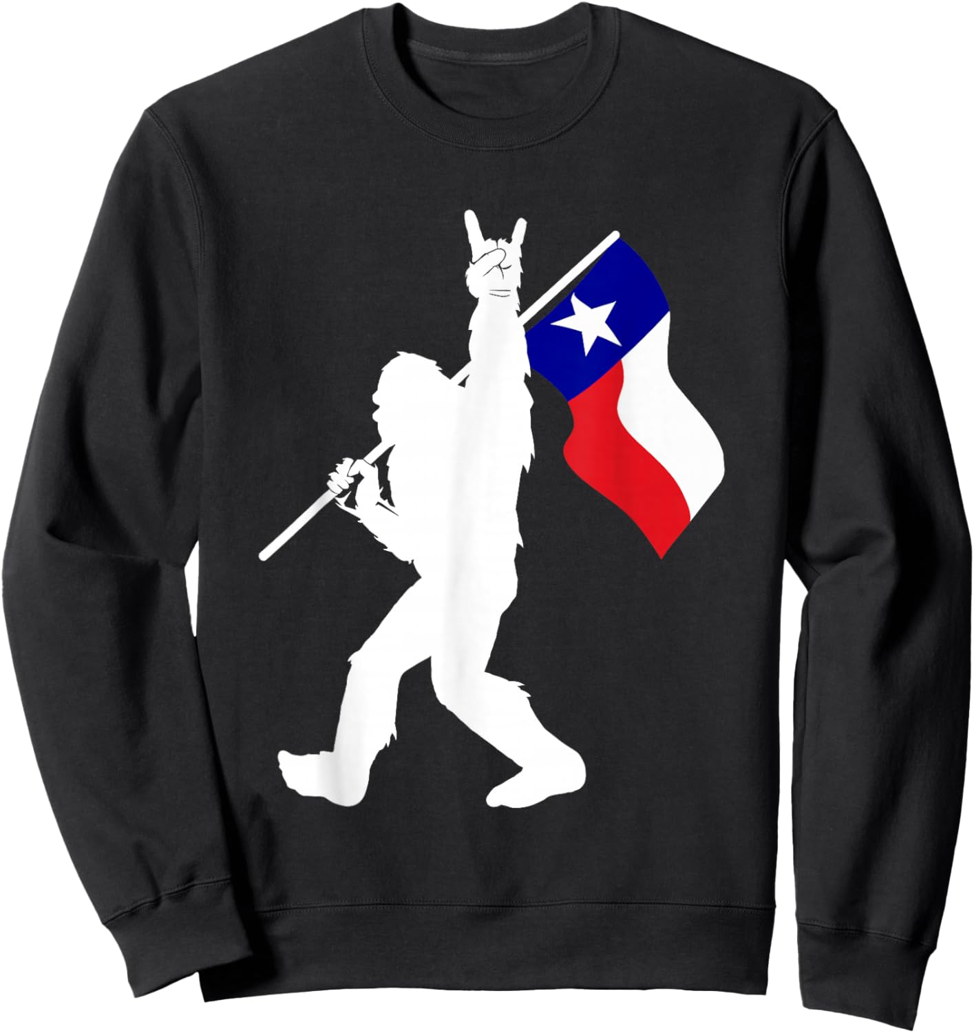 State of Texas Flag Bigfoot Rock On for Sasquatch Hunter Sweatshirt - Sweatshirt | Black