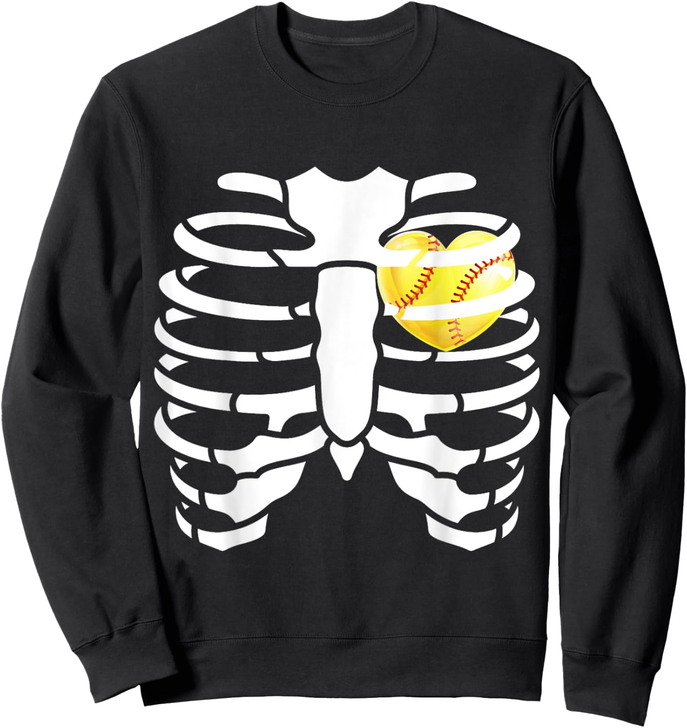 Softball Heart Inside Ribs Skeleton Halloween Costume Sweatshirt - Sweatshirt | Black