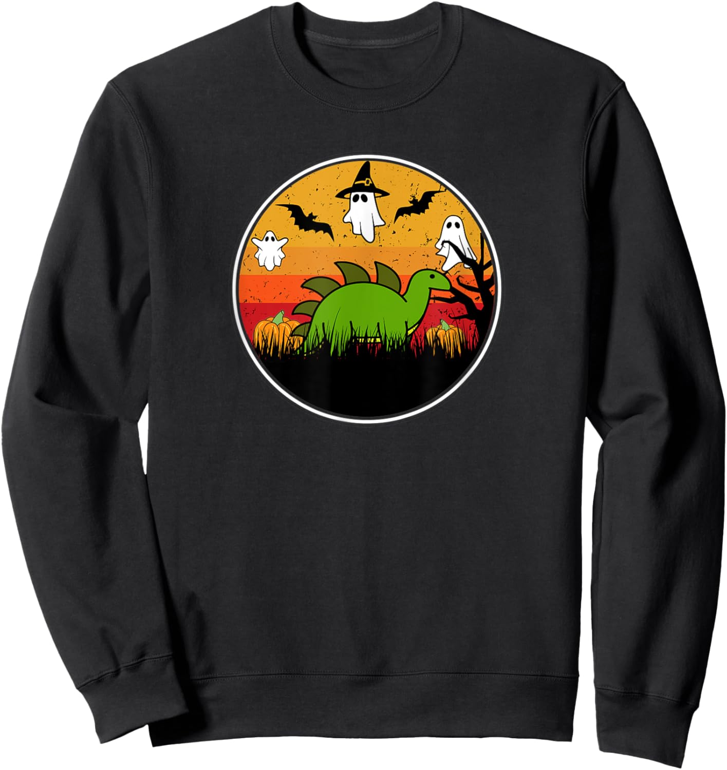 Stegosaurus Dinosaur Dino Pumpkin Patch Bat Ghost Kawaii Sweatshirt - Sweatshirt | Black