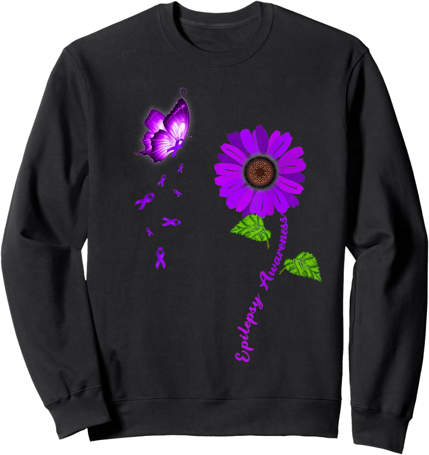 Epilepsy Awareness Purple Butterfly Sunflower Ribbon Sweatshirt - Sweatshirt | Black