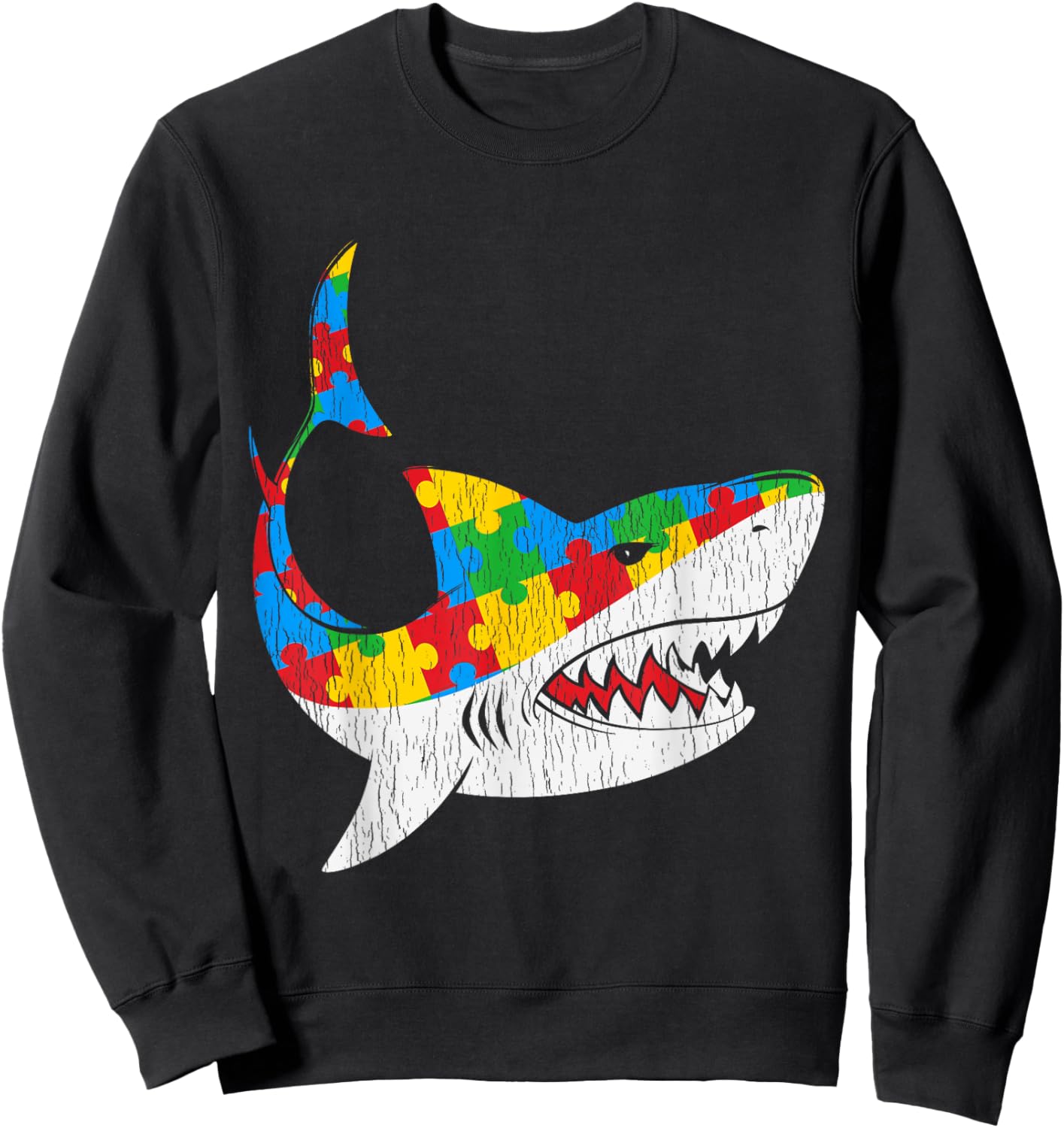 Vintage Shark Puzzle Autistic Kids Autism Awareness Shark Sweatshirt - Sweatshirt | Black