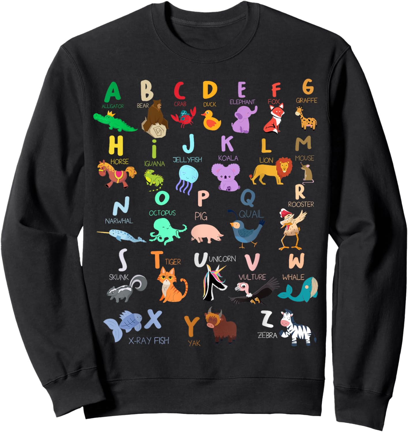 Alphabet Animal ABC Alligator Bear Crab Duck Elephant Fox Sweatshirt - Sweatshirt | Black
