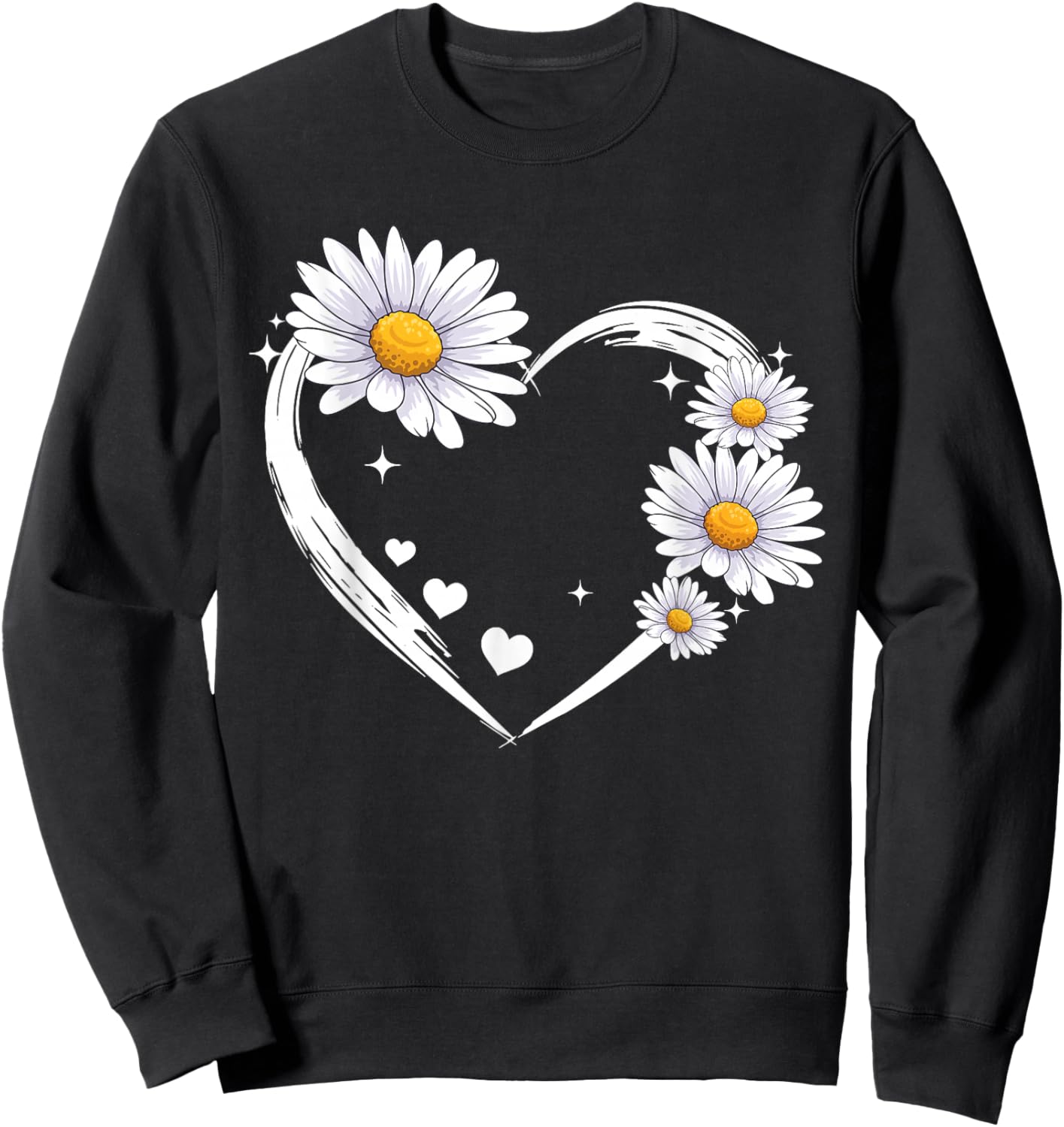 Heart with Daisy Flowers, Daisies with Heart Outline Sweatshirt - Sweatshirt | Black