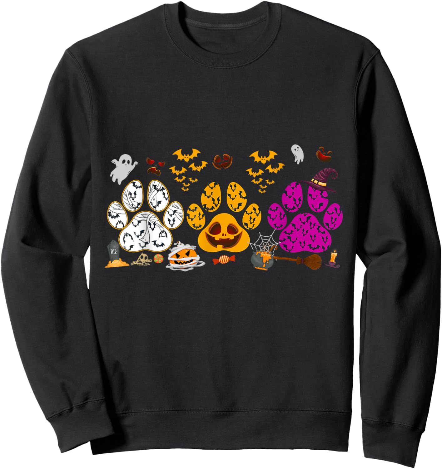 Funny Paw Print Halloween Dog Candy Pumpkin Ghost Dog Lovers Sweatshirt - Sweatshirt | Black
