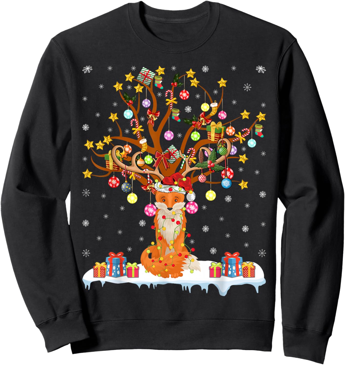 Fox Xmas Lighting Tree Santa Fox Christmas Tree Sweatshirt - Sweatshirt | Black