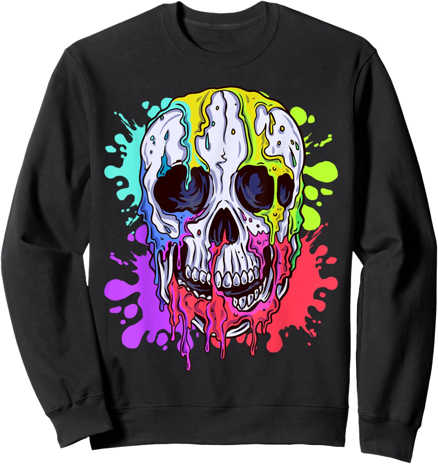 Melting Skull Colorful Paint Drip Graphic Sweatshirt - Sweatshirt | Black