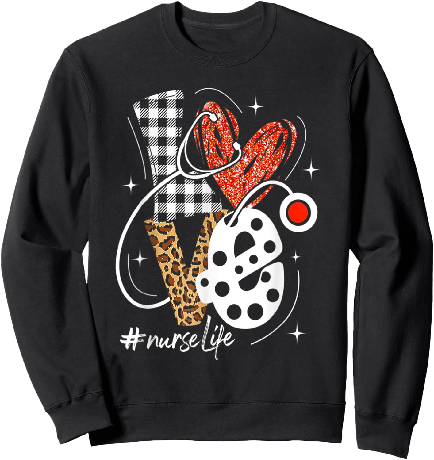Nurse Life RN LPN CNA Healthcare Cheetah Heart Leopard Funny Sweatshirt - Sweatshirt | Black