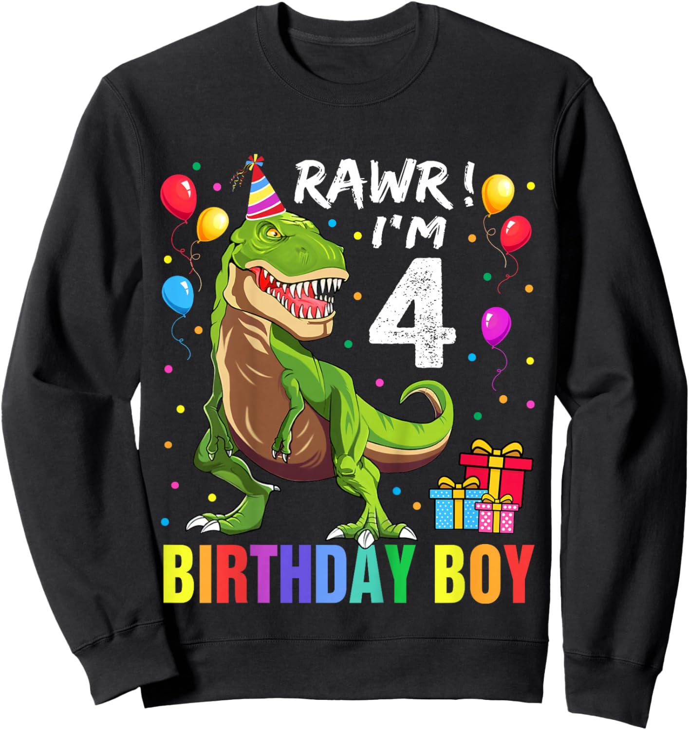 Kids 4 Year Old 4th Birthday Boy T Rex Dinosaur Sweatshirt - Sweatshirt | Black