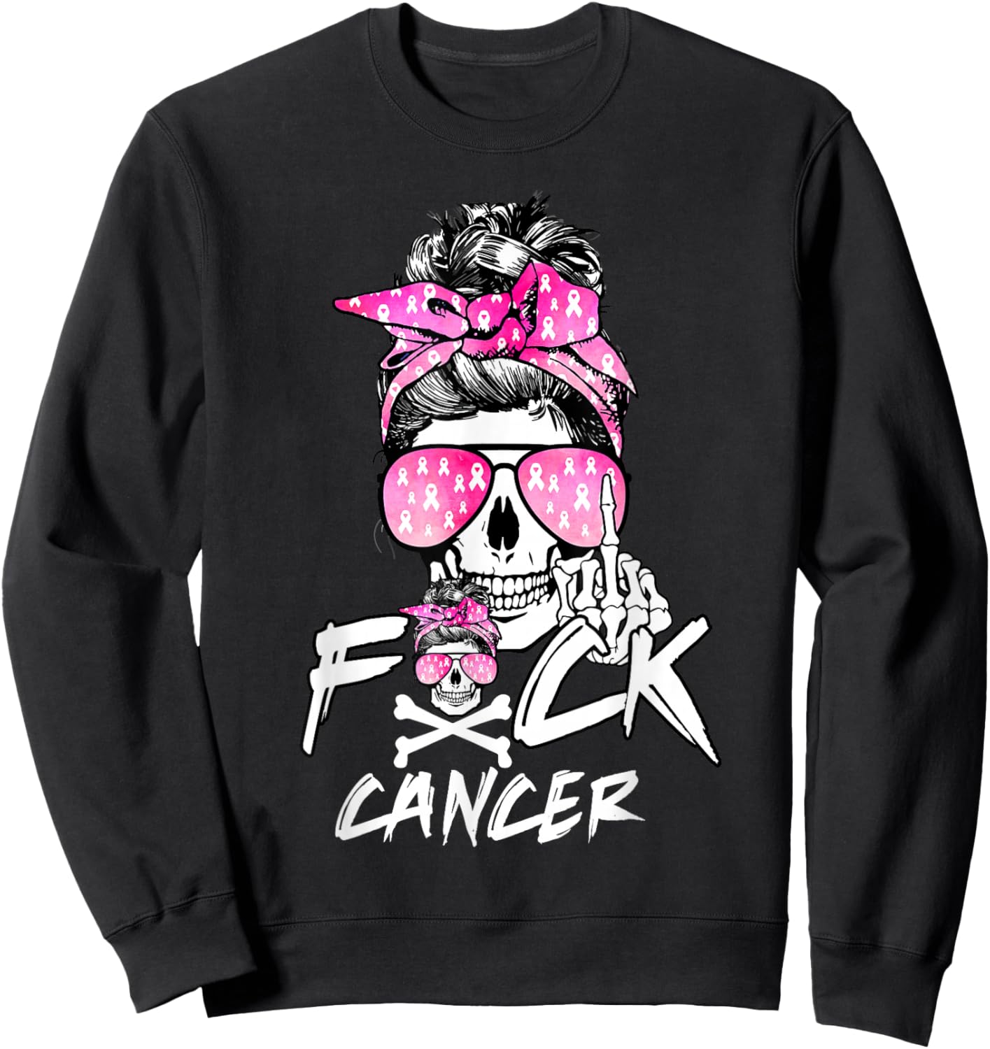 Fuck Breast Cancer Women Warrior Pink Ribbon Messy Bun Hair Sweatshirt - Sweatshirt | Black
