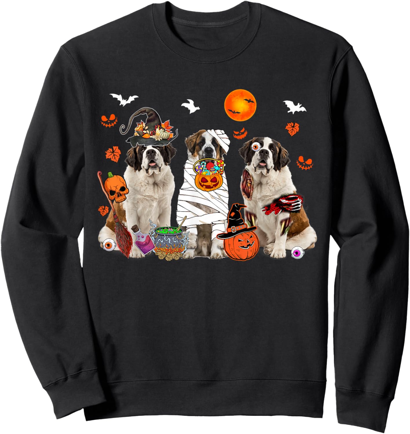Three St. Bernard Dogs Witch Scary Mummy Halloween Zombie Sweatshirt - Sweatshirt | Black
