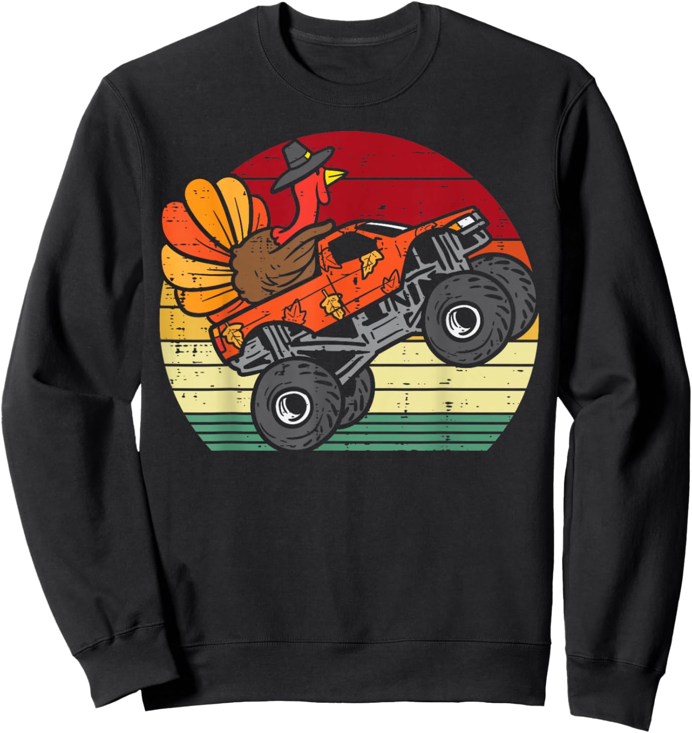 Monster Truck Turkey Sunset Retro Thanksgiving Boys Kids Sweatshirt - Sweatshirt | Black