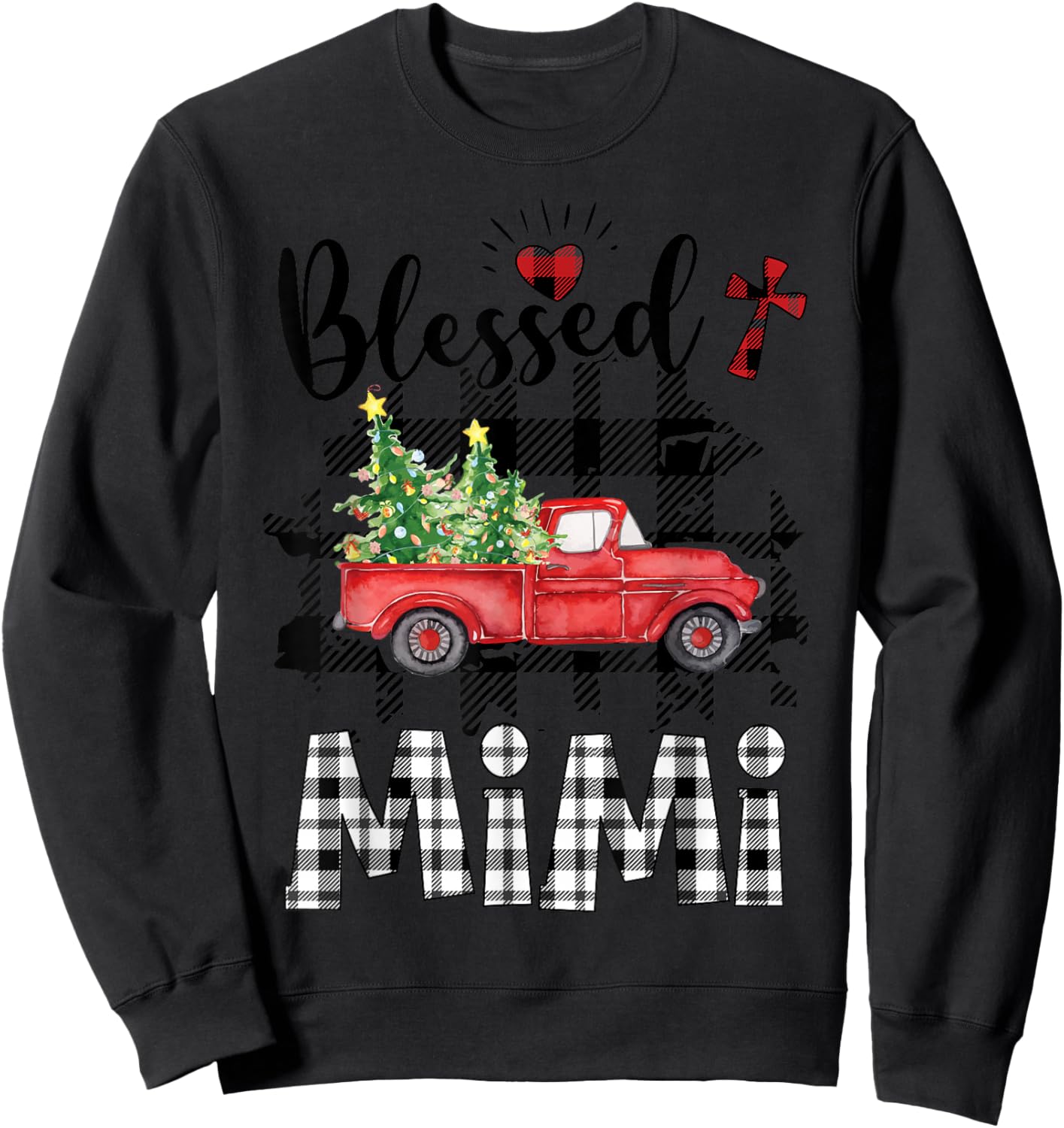 Funny Blessed Mimi Claus Buffalo Plaid Red Truck Christmas Sweatshirt - Sweatshirt | Black