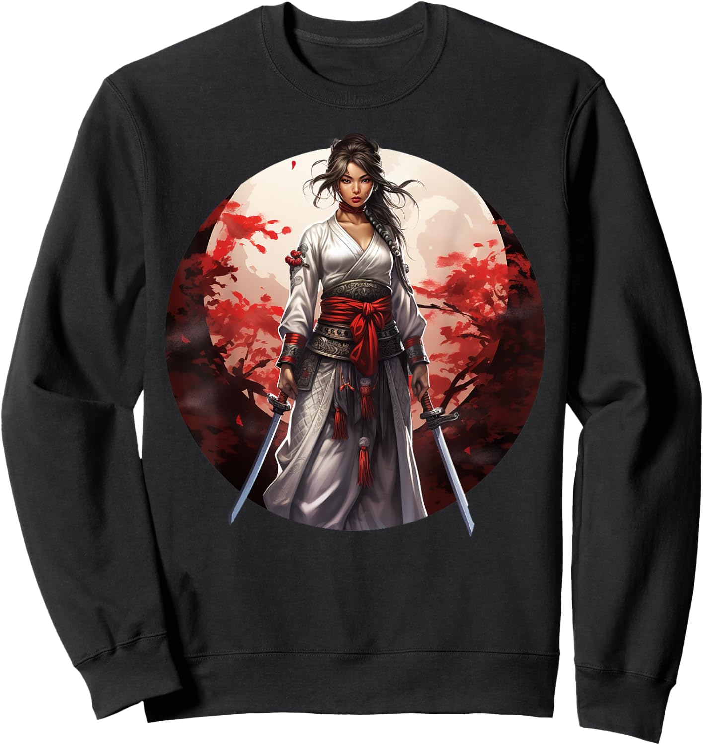 Japanese Samurai Girl Vintage Retro Sakura Cherry Blossom Sweatshirt - Sweatshirt | Black