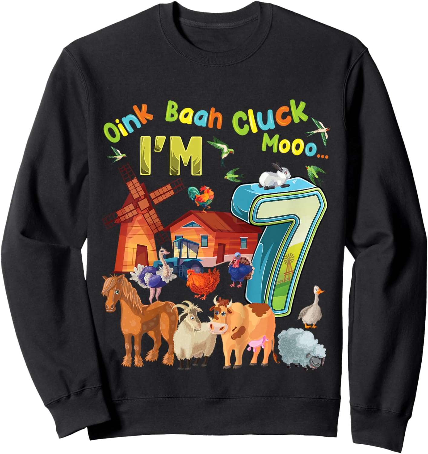 Barnyard 7th Birthday Farm Animals 7 Years Old Farming Sweatshirt - Sweatshirt | Black