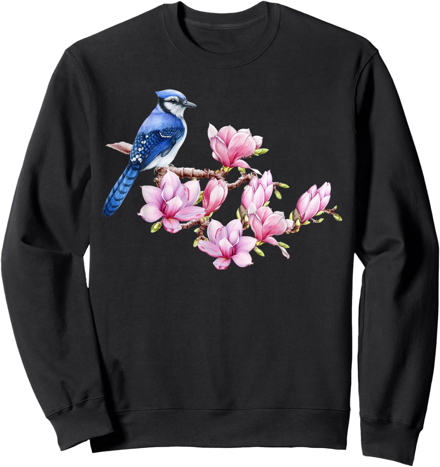 Blue Jay Bird on Magnolia - Watercolor Birding and Gardening Sweatshirt - Sweatshirt | Black