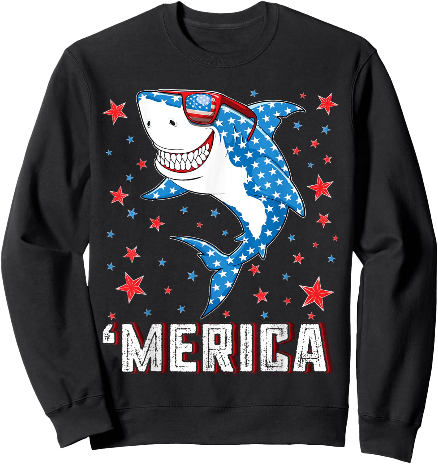 Shark 4th of July Boys Men Kids Youth Merica American Flag Sweatshirt - Sweatshirt | Black