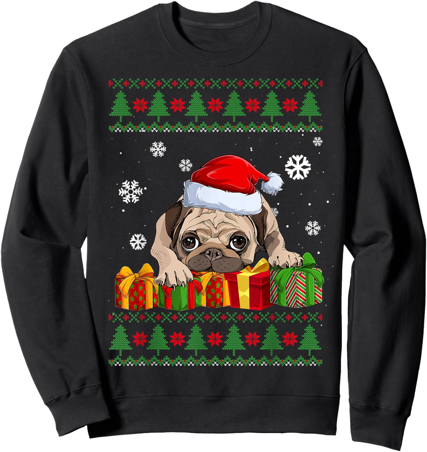 Funny Dog lovers Cute Pug Santa Hat Ugly Christmas Sweater Sweatshirt - Sweatshirt | Black