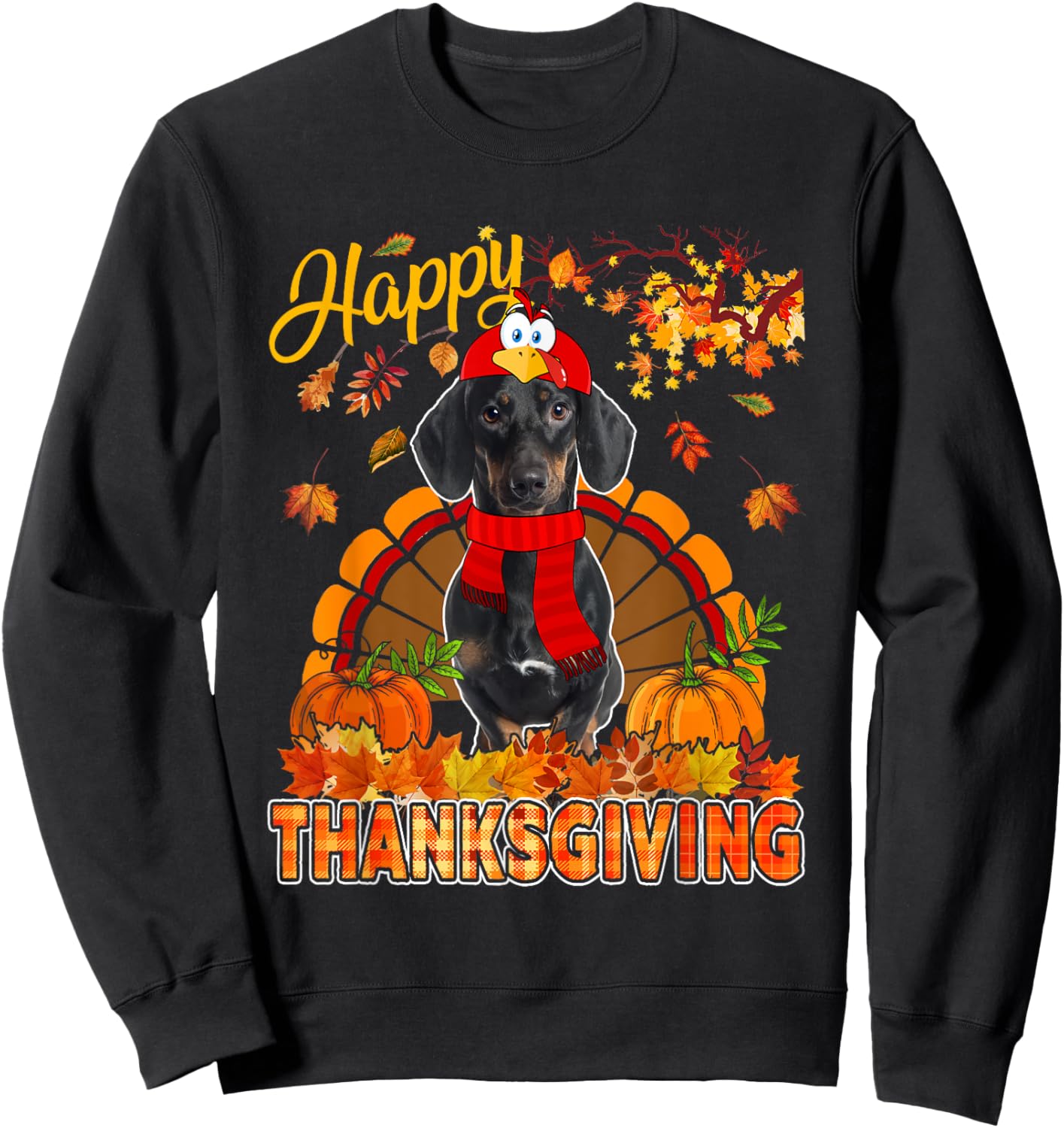 Thanksgiving Dachshund Wearing Turkey Costume Fall Leaves Sweatshirt - Sweatshirt | Black