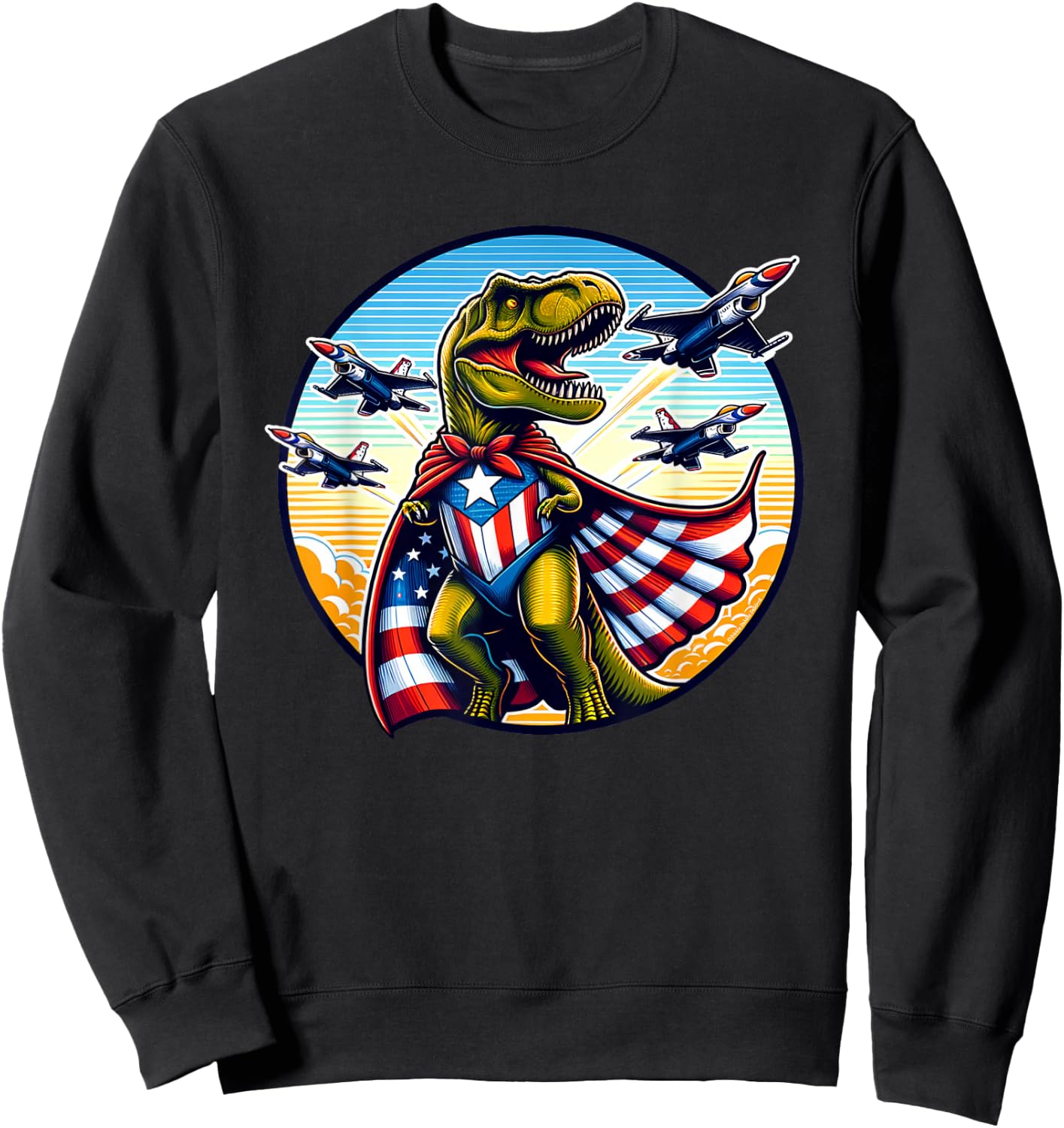 Amerisaurus T-Rex Patriotic Boys Girl 4th of July Flag Jets Sweatshirt - Sweatshirt | Black