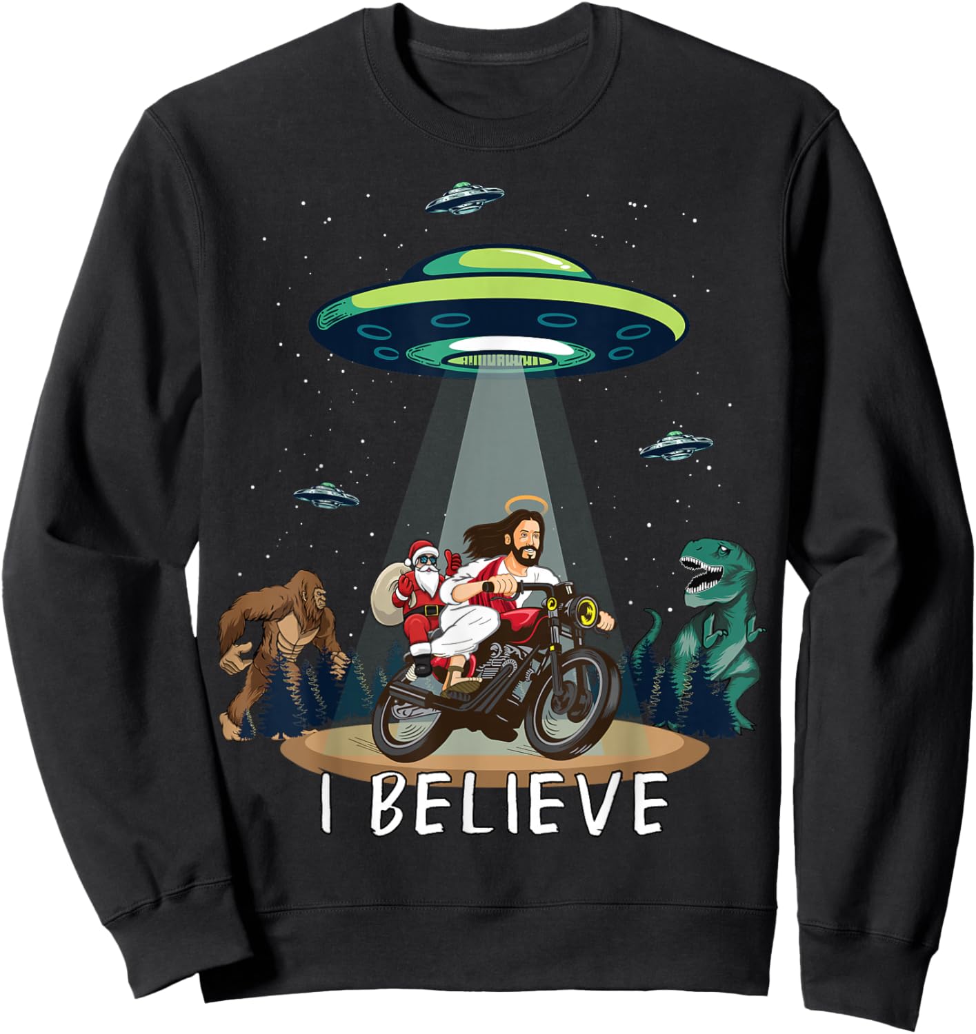 Believe Bigfoot Dinosaur Santa & Jesus Riding Bike Christmas Sweatshirt - Sweatshirt | Black