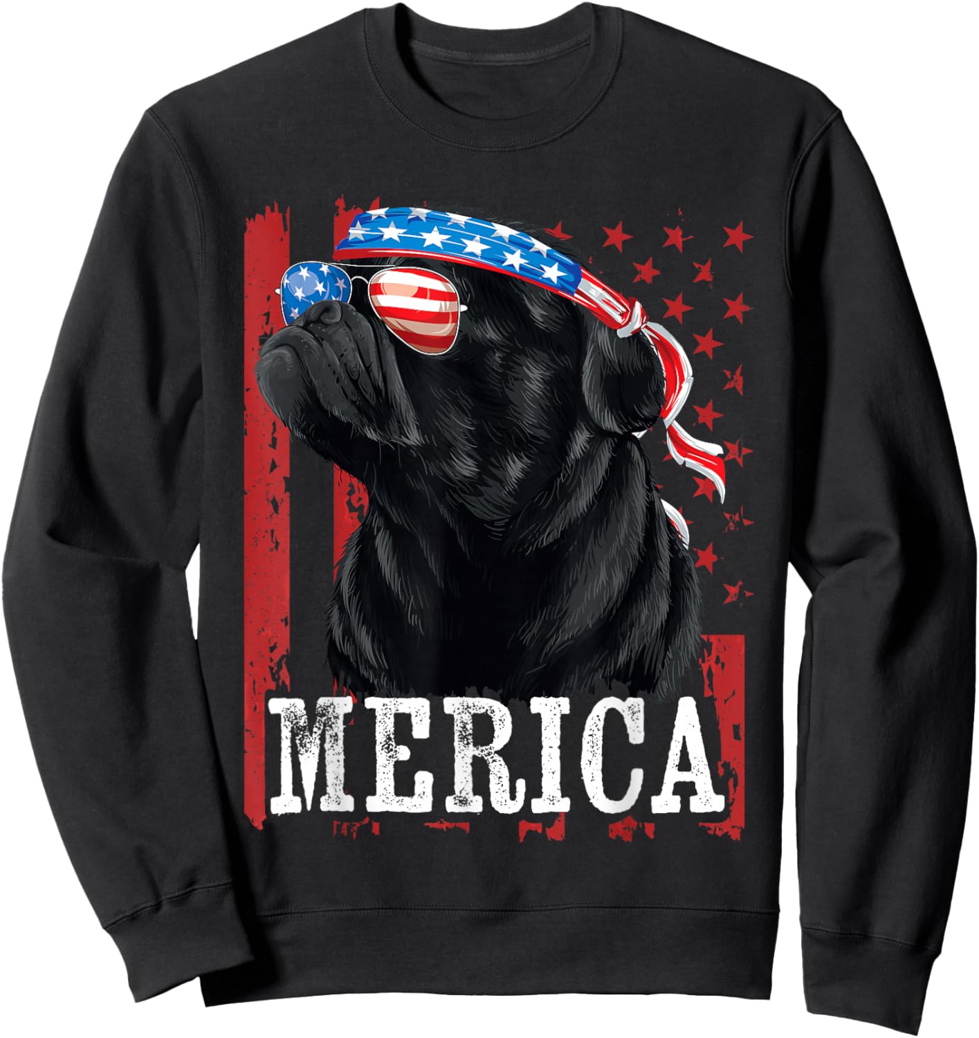 Funny Black Pug 4th of July Dog Mom Dog Dad Merica USA Flag Sweatshirt - Sweatshirt | Black