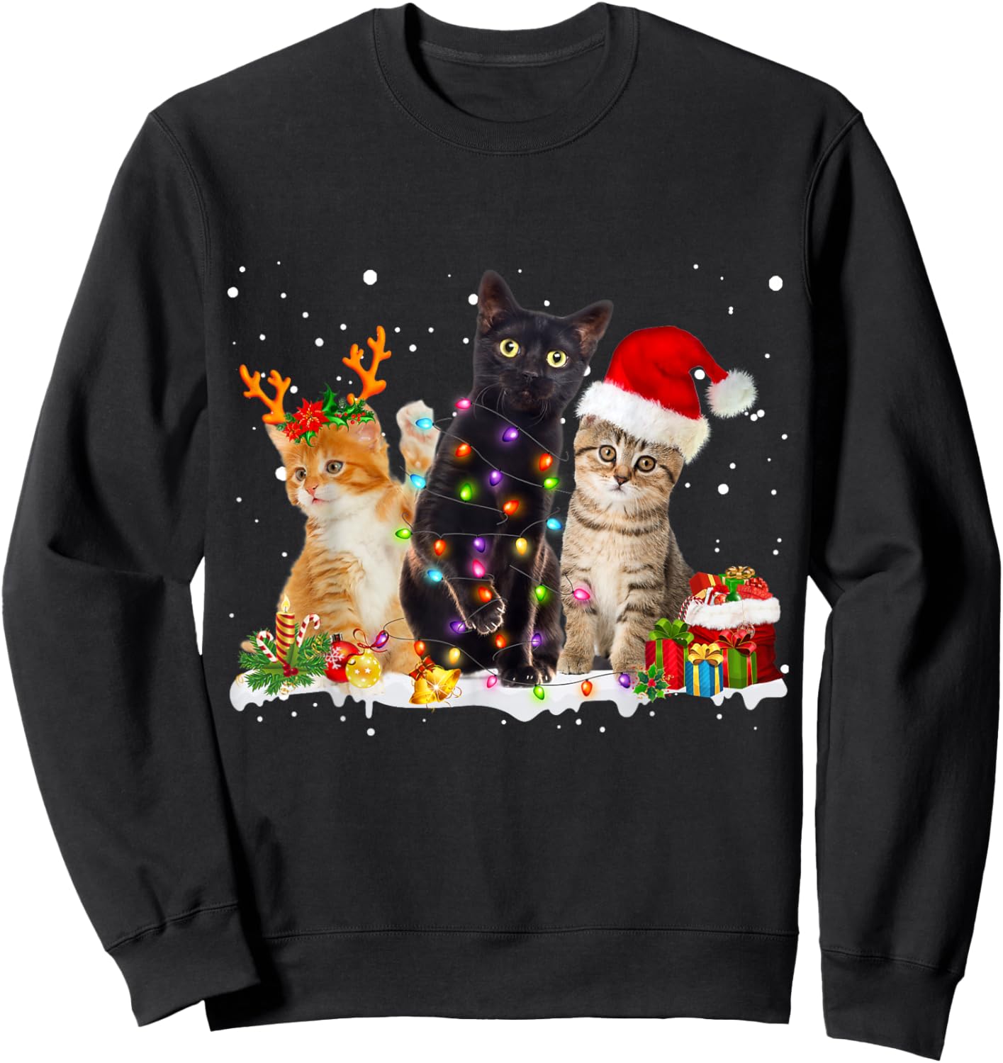 Santa Cat Light Gorgeous Reindeer Pajama Christmas Cat Lover Sweatshirt - Sweatshirt | Black