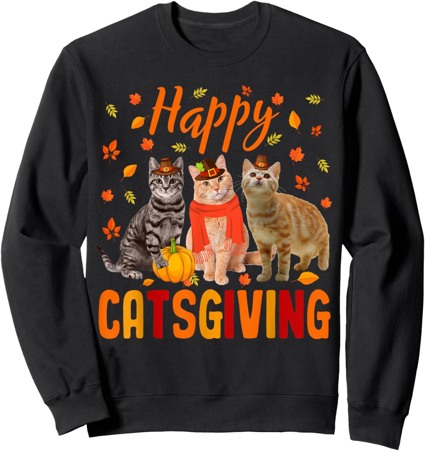 Happy Catsgiving Cute Thanksgiving Cat Wears Pilgrim Hat Sweatshirt - Sweatshirt | Black