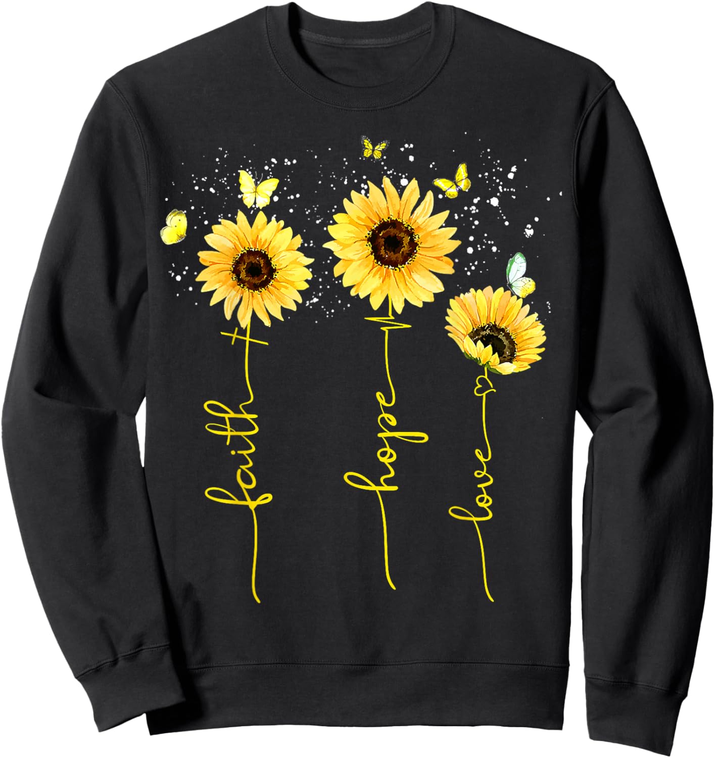 Vintage Faith Cross Hope Love Sunflower Butterfly Christian Sweatshirt - Sweatshirt | Black