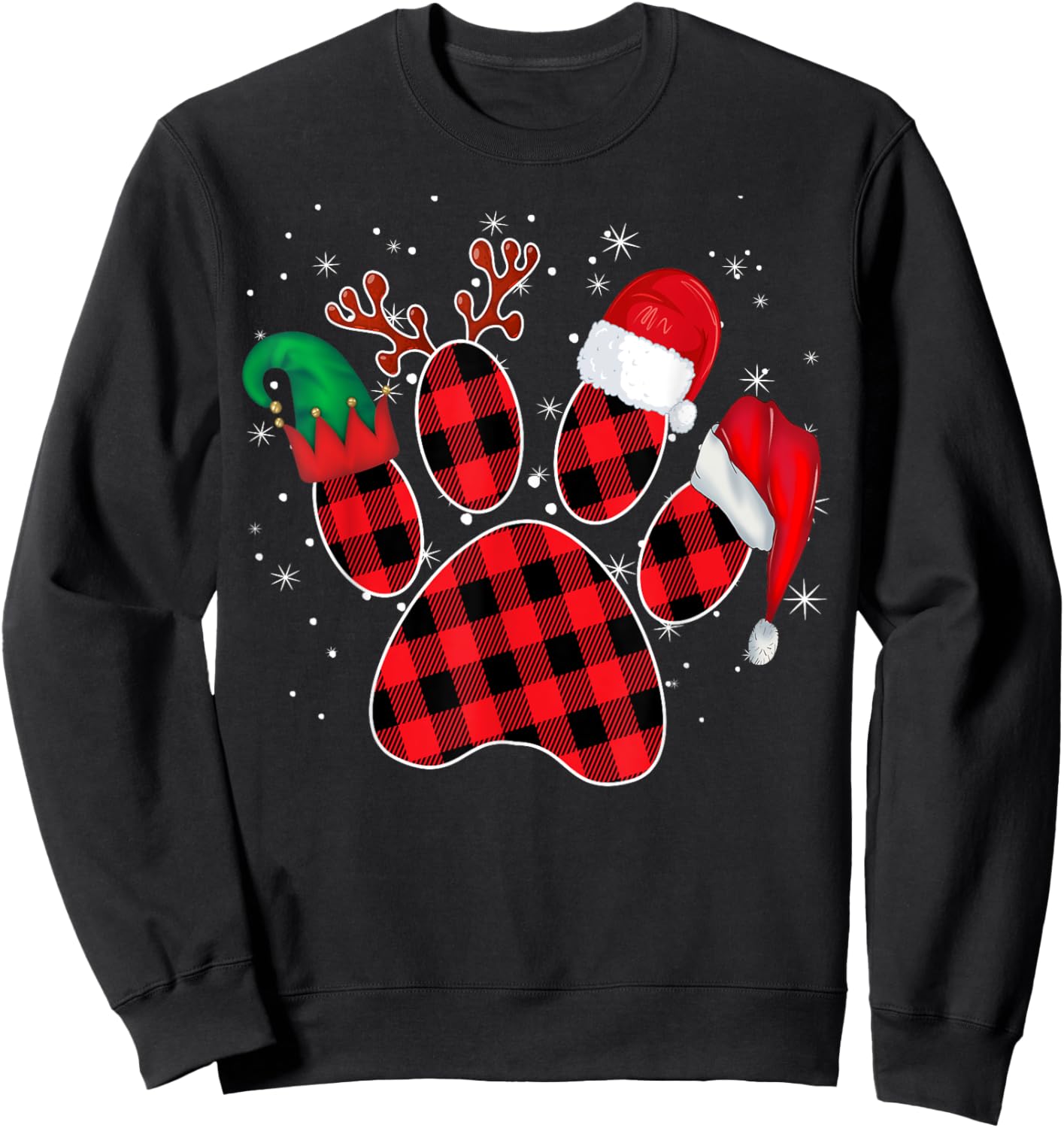 Dog Paws Christmas Buffalo Plaid Paw Santa Elf Reindeer Fun Women Kids Sweatshirt - Sweatshirt | Black
