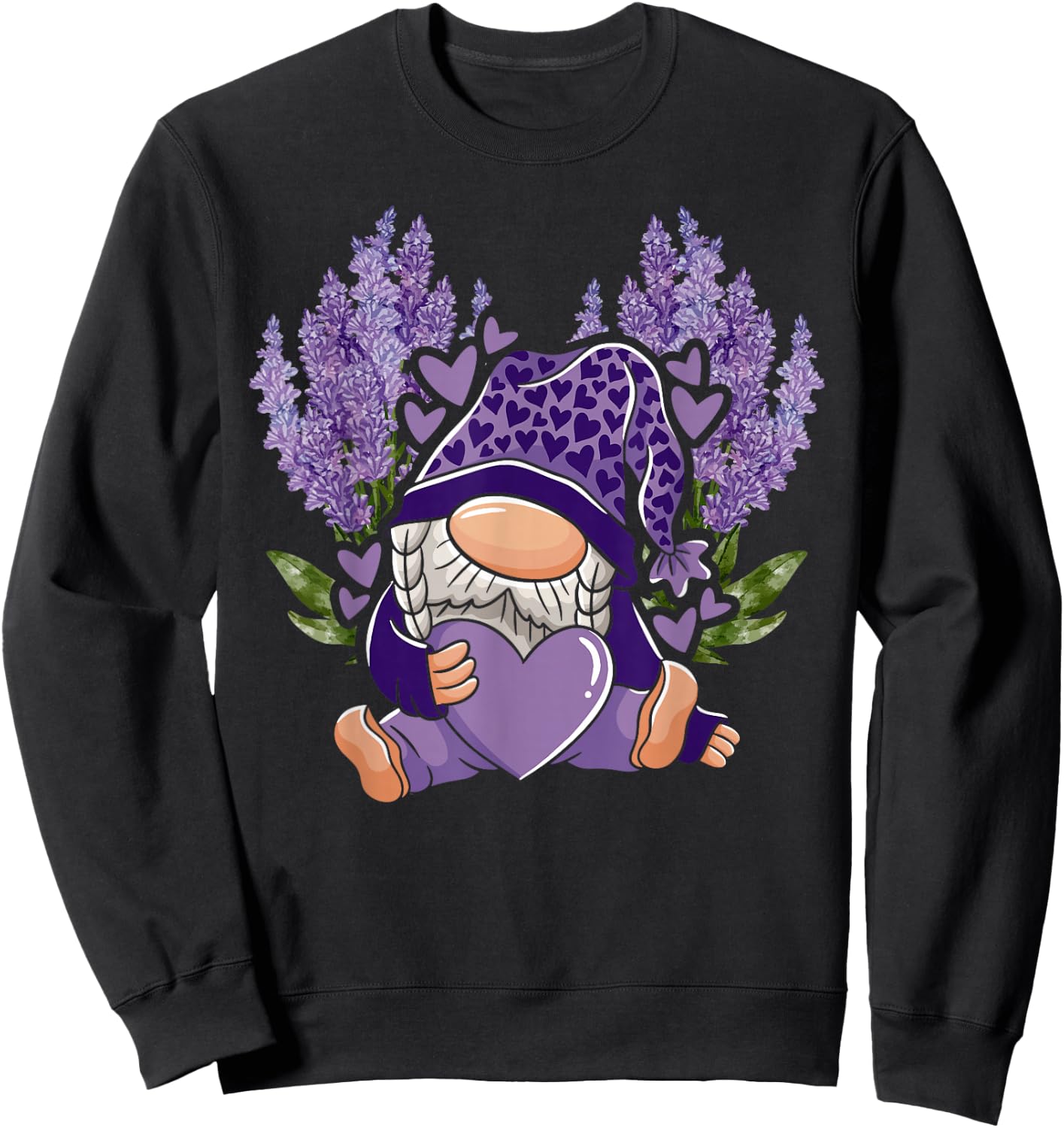 Lavender Gnome Gardening Floral Flower Purple Gnome Sweatshirt - Sweatshirt | Black