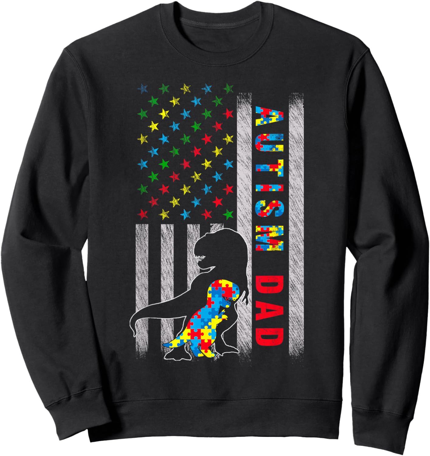 Autism Dad US Flag Dinosaur Autism Awareness Sweatshirt - Sweatshirt | Black