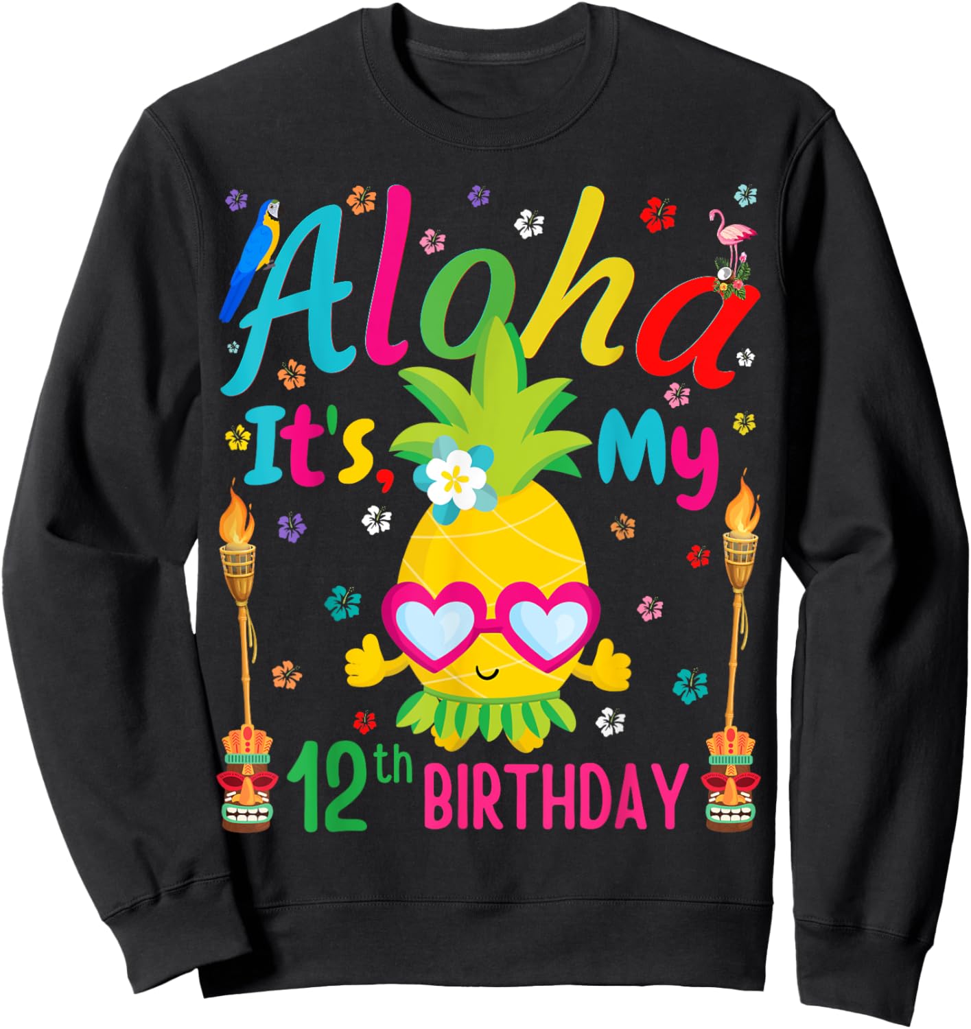 Aloha It's My 12th Birthday Pineapple Hawaii Tropical Girls Sweatshirt - Sweatshirt | Black