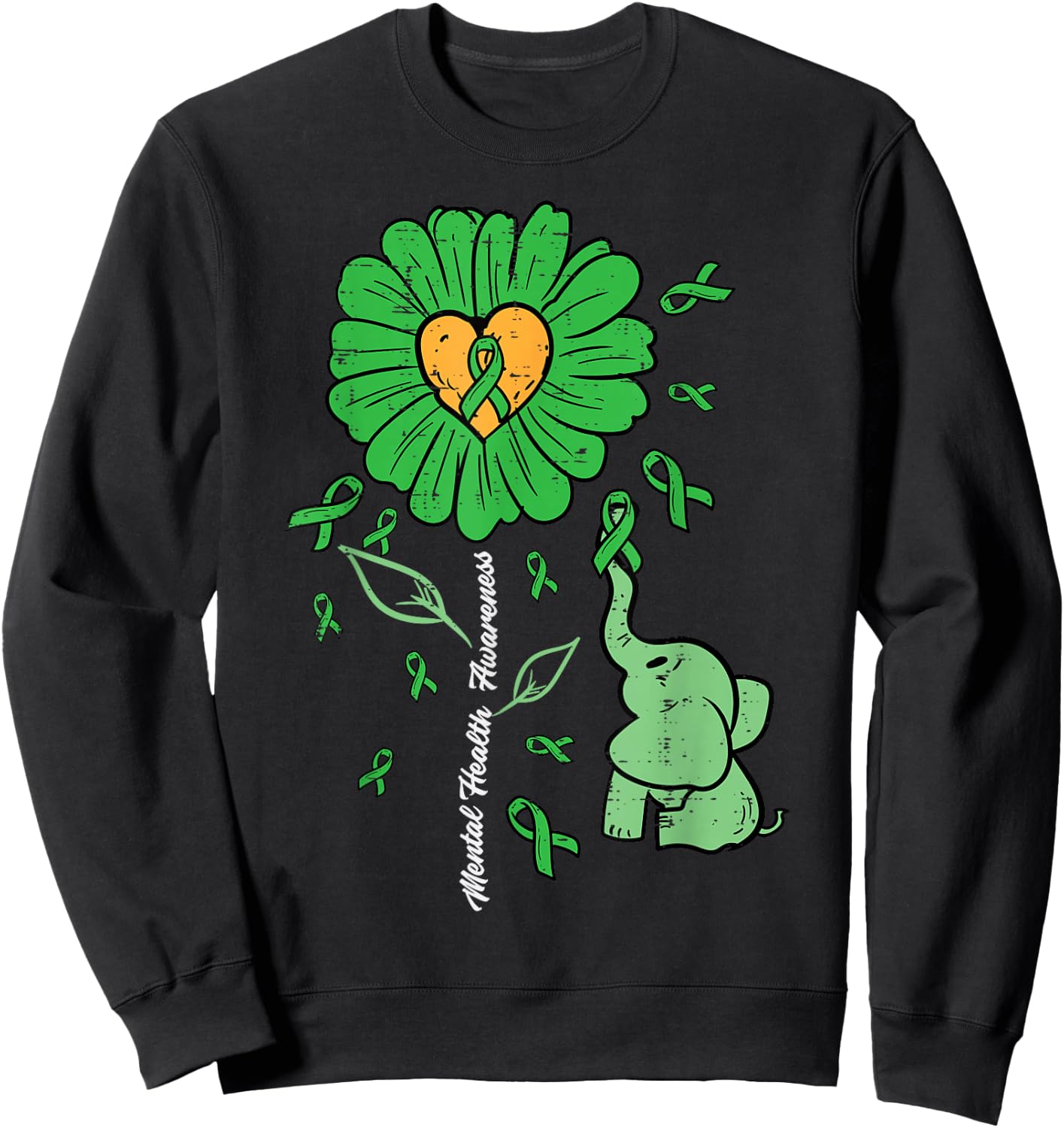 Mental Health Elephant Flower Ribbon Awareness Women Kids Sweatshirt - Sweatshirt | Black