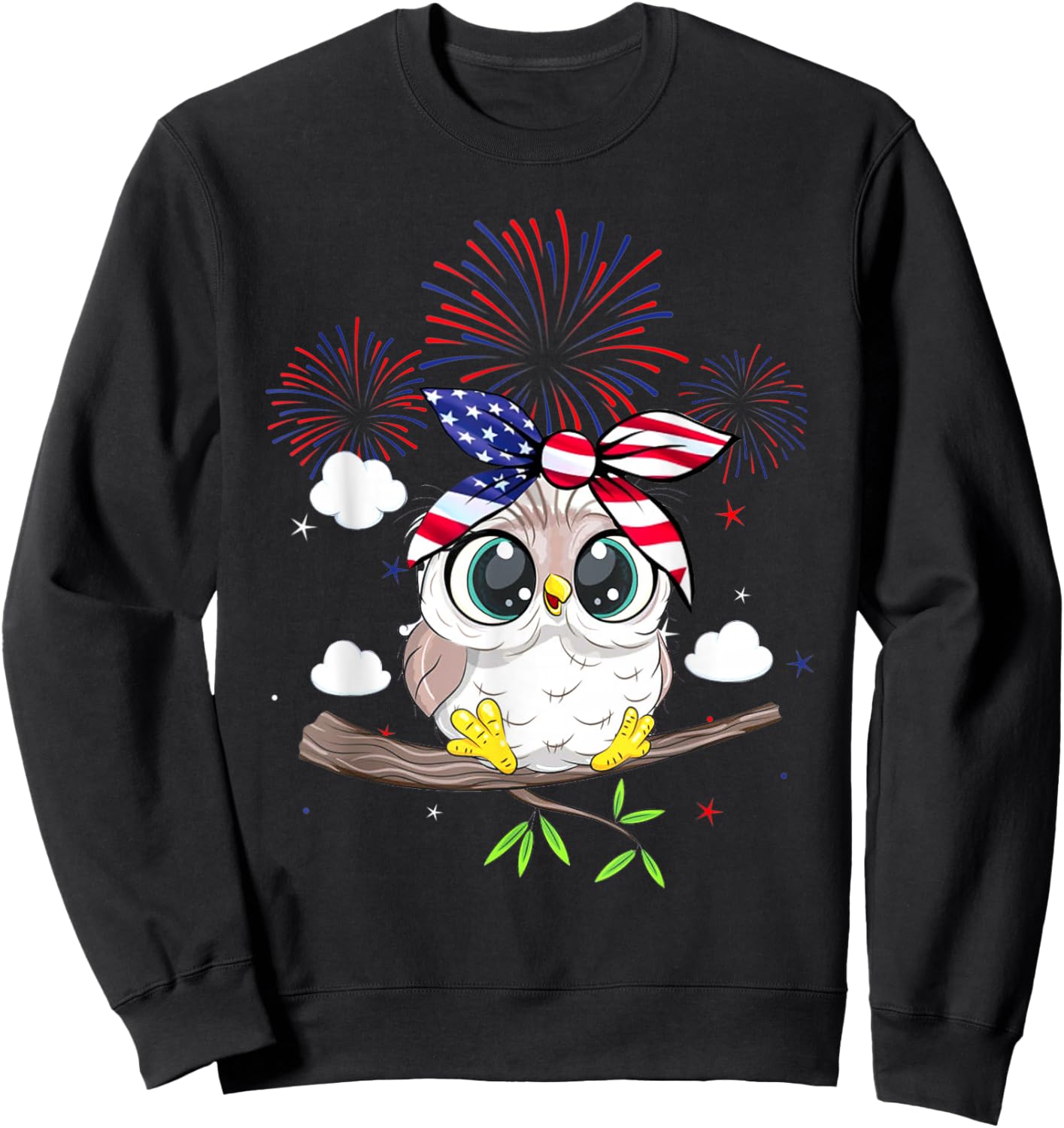 Snowy Owl Graphic Red White Blue Fireworks Decor 4th Of July Kids Men Sweatshirt - Sweatshirt | Black