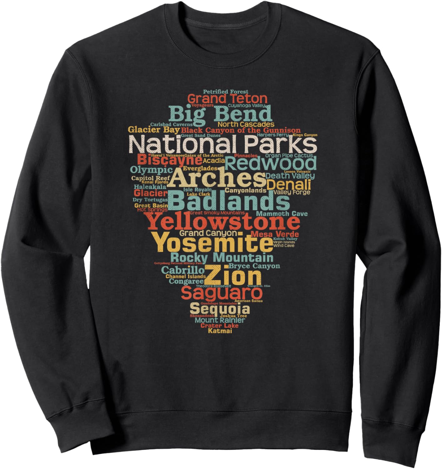 National Parks List Word Cloud Camping Hiking Men Women Kids Short Sleeve Sweatshirt - Sweatshirt | Black