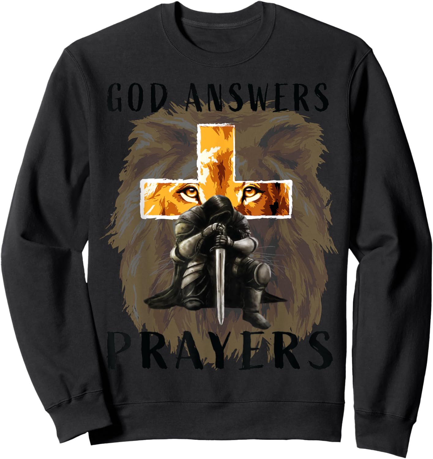 God Answers Prayers Warrior Men Christian Cross Lion Graphic Sweatshirt - Sweatshirt | Black