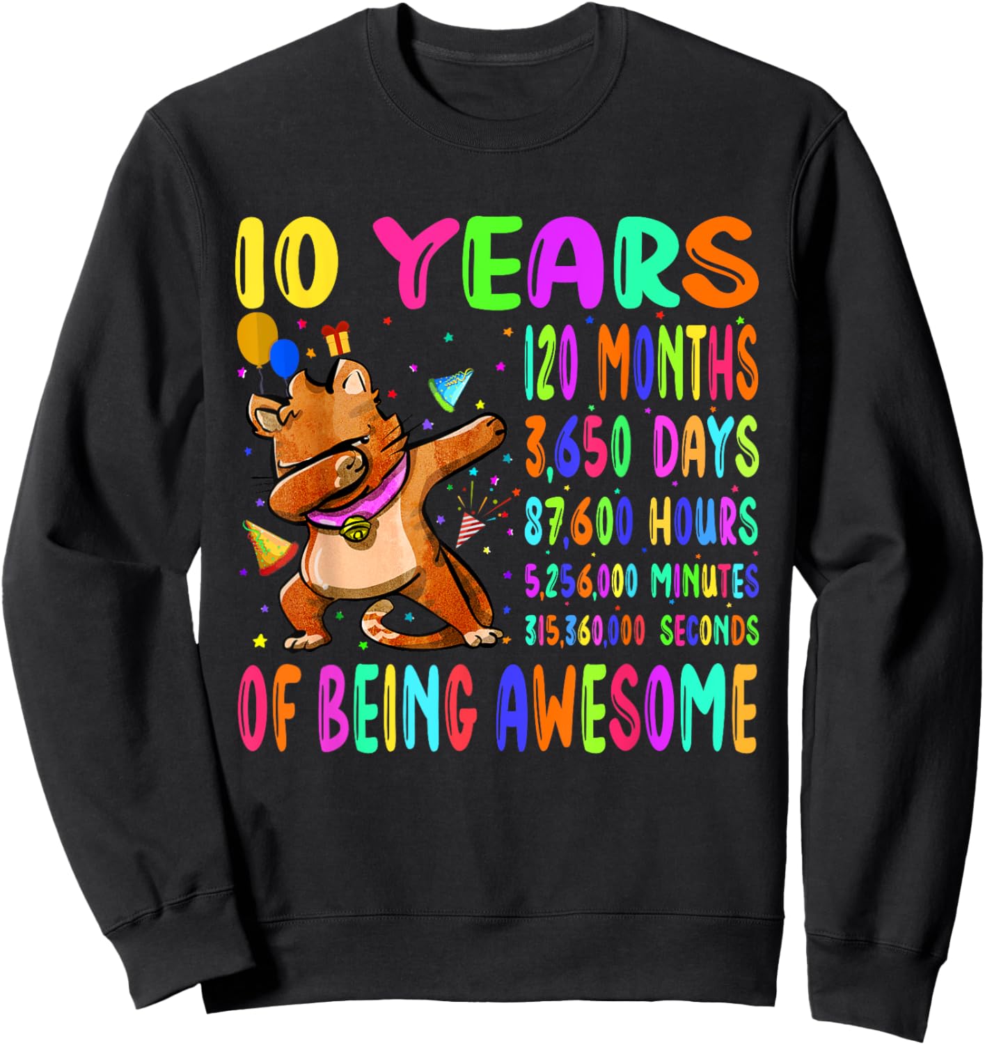 Dabbing Cat 10 Years 120 Months Boy Girl 10th Birthday Party Sweatshirt - Sweatshirt | Black
