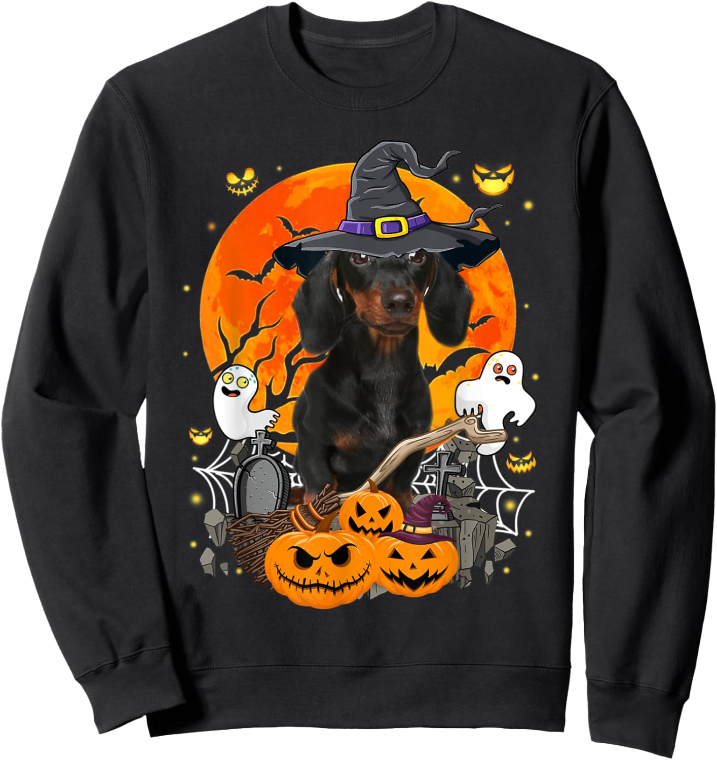Witchy Dachshund Dog Moon Ghosts Pumpkins Halloween Costume Men Women Kids Sweatshirt - Sweatshirt | Black