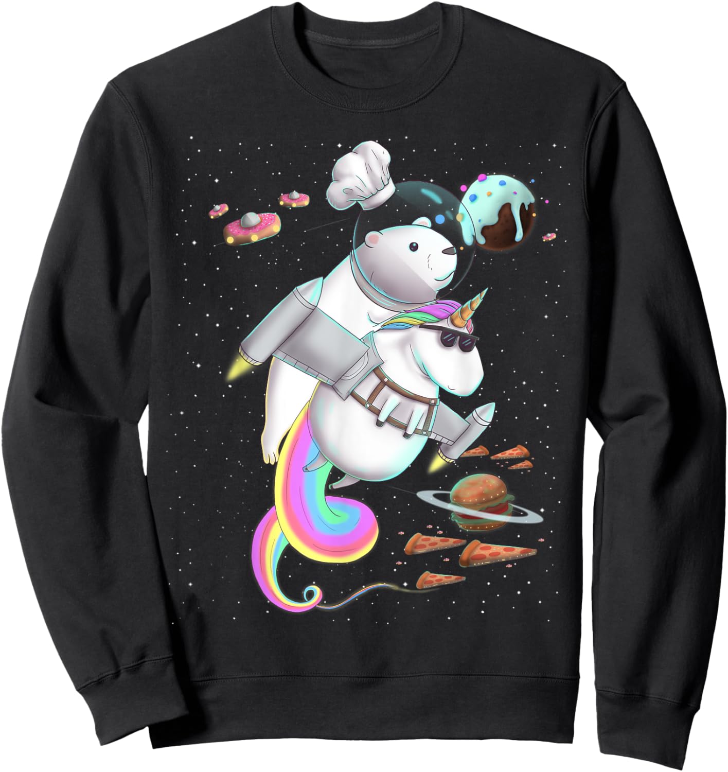 Polar Bear Riding Unicorn Food Pizza Space Party Planet Sweatshirt - Sweatshirt | Black