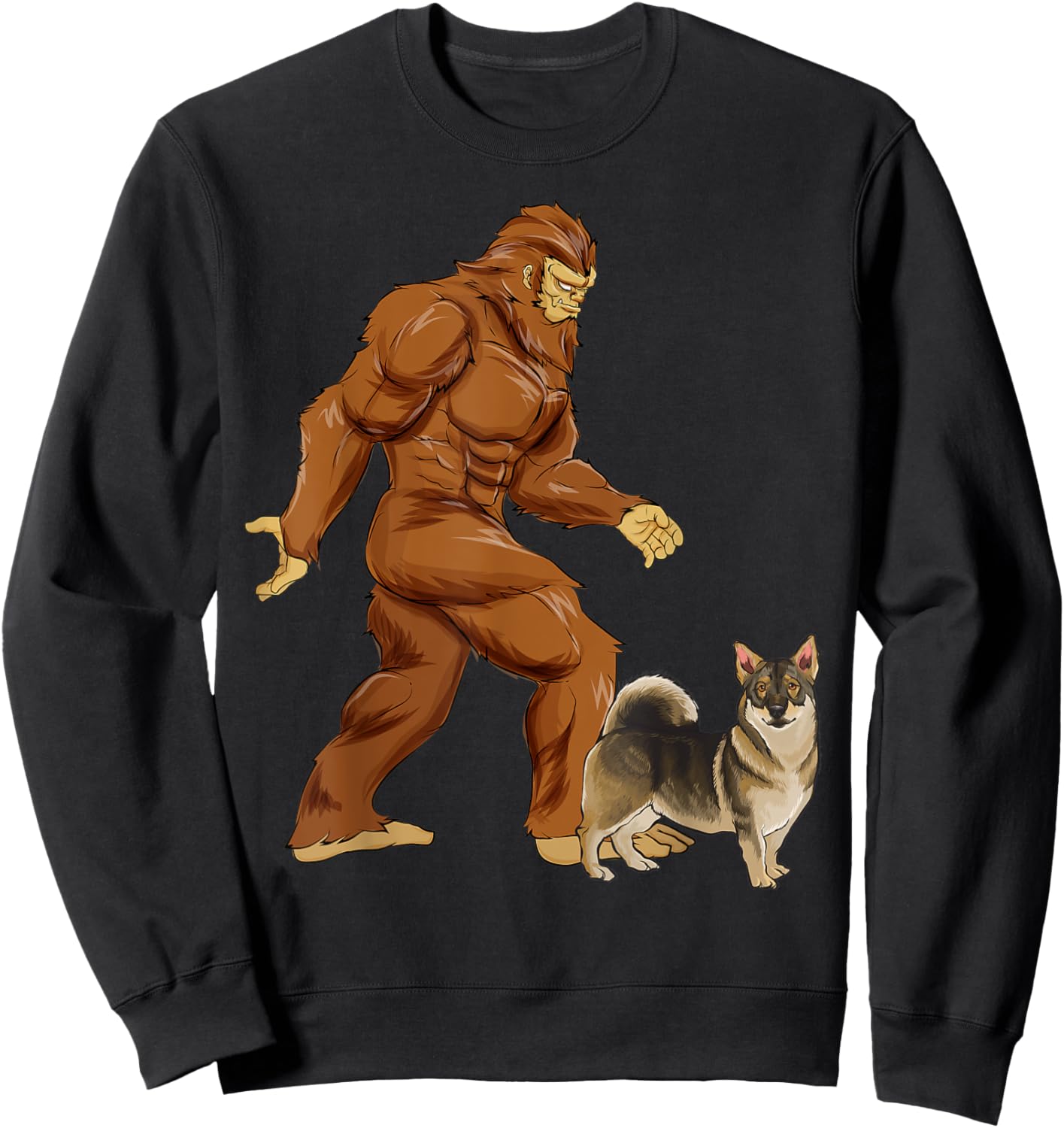 Funny Bigfoot Walking Swedish Vallhund Sasquatch Dog Men Women Kids Sweatshirt - Sweatshirt | Black