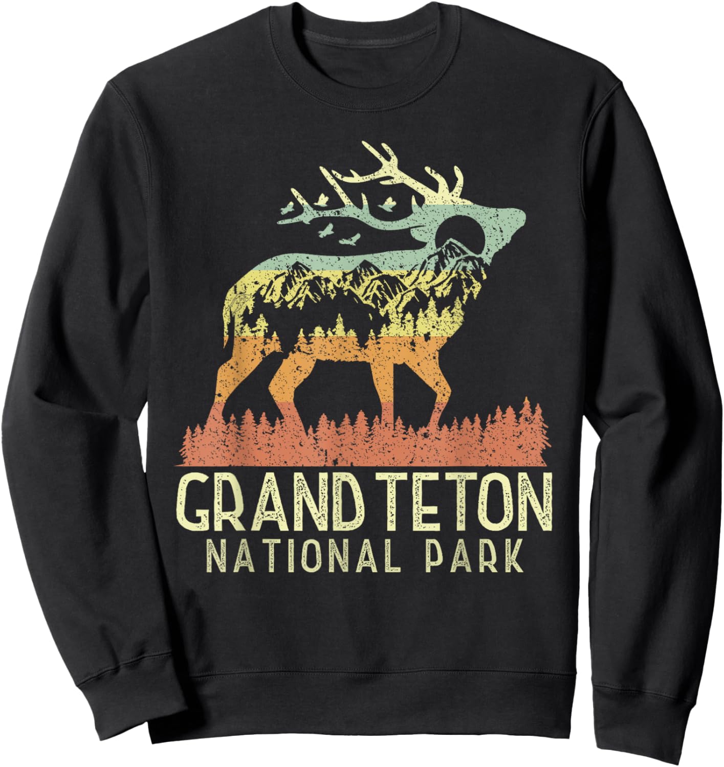 Grand Teton National Park Retro Mountain Vintage Elk Gift Sweatshirt - Sweatshirt | Black
