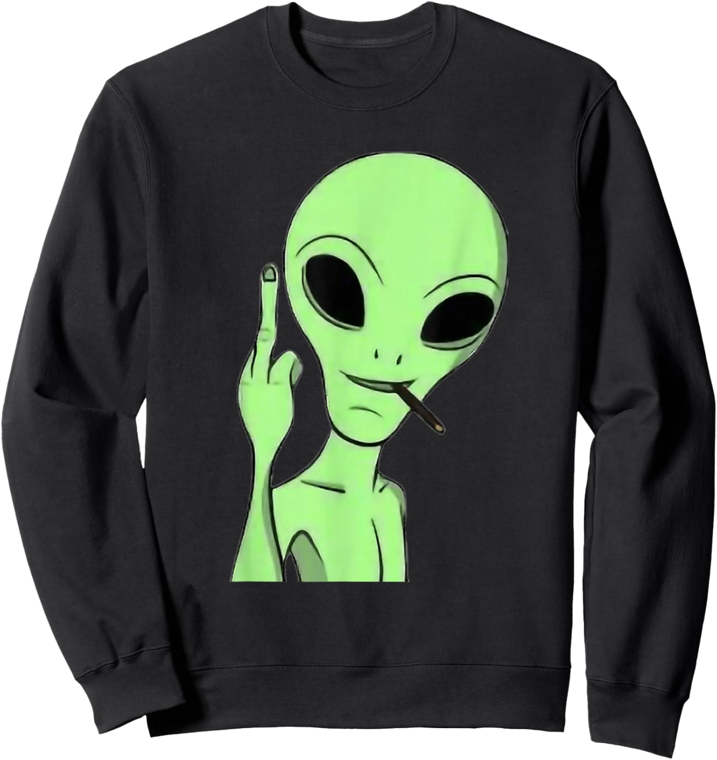 Martian Alien Smoking Blunt Flipping Middle Finger Art Sweatshirt - Sweatshirt | Black