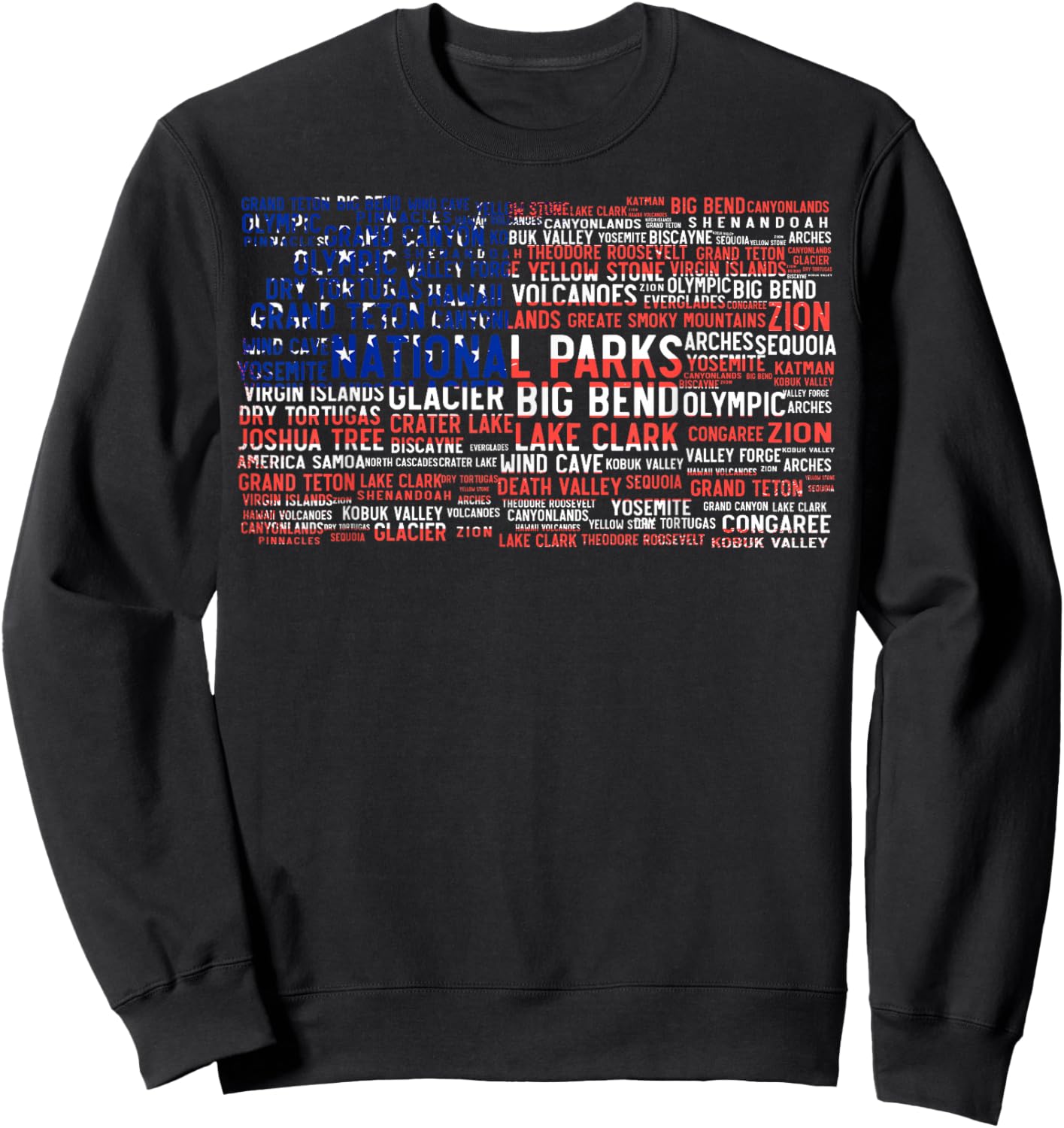 National Parks USA List Word Cloud US Flag Camping & Hiking Sweatshirt - Sweatshirt | Black
