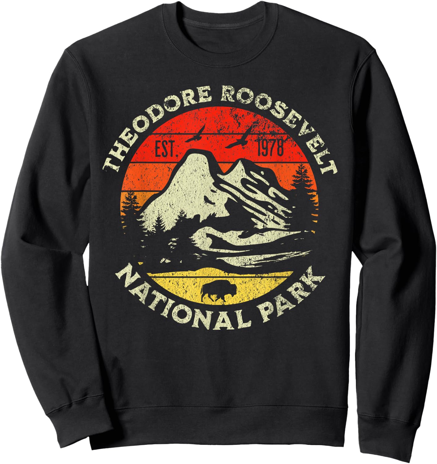 Theodore Roosevelt National Park - Blue, -Adults, Kids - , Short Sleeve - Retro Nature Design - Hiking, Camping, Outdoor - All Seasons Sweatshirt - Sweatshirt | Black