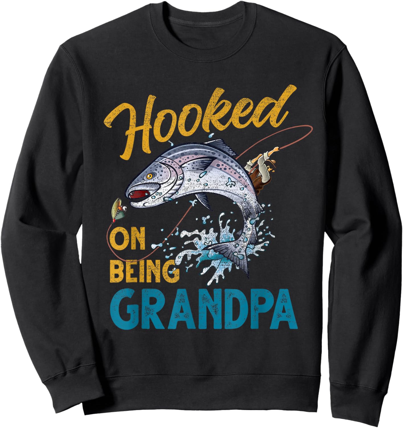 Vintage Hooked On Being Grandpa Funny Fishing Fathers Day Sweatshirt - Sweatshirt | Black