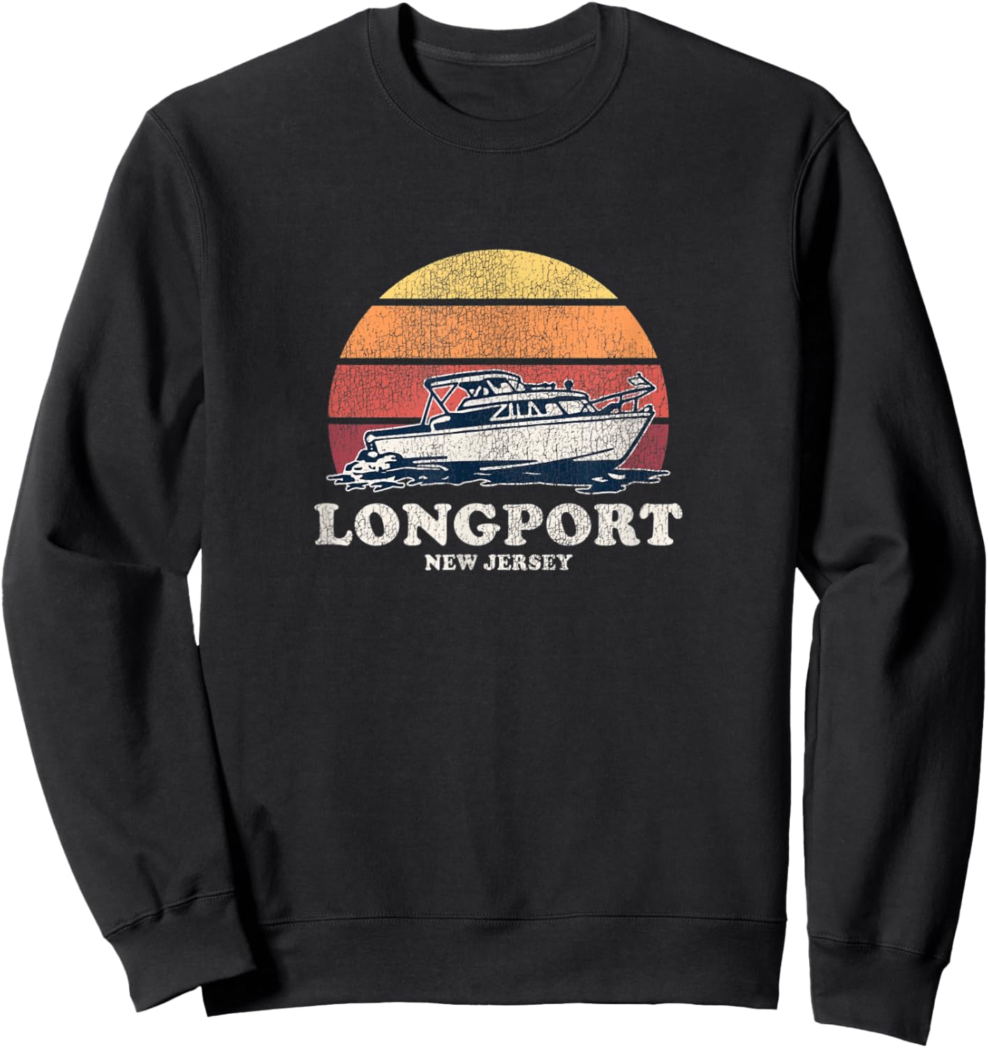 Longport NJ Vintage Boating 70s Retro Boat Design Sweatshirt - Sweatshirt | Black