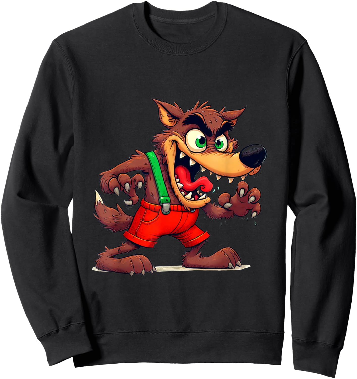 Bad Wolf in a costume with 3 Pigs on the back by houses Sweatshirt - Sweatshirt | Black