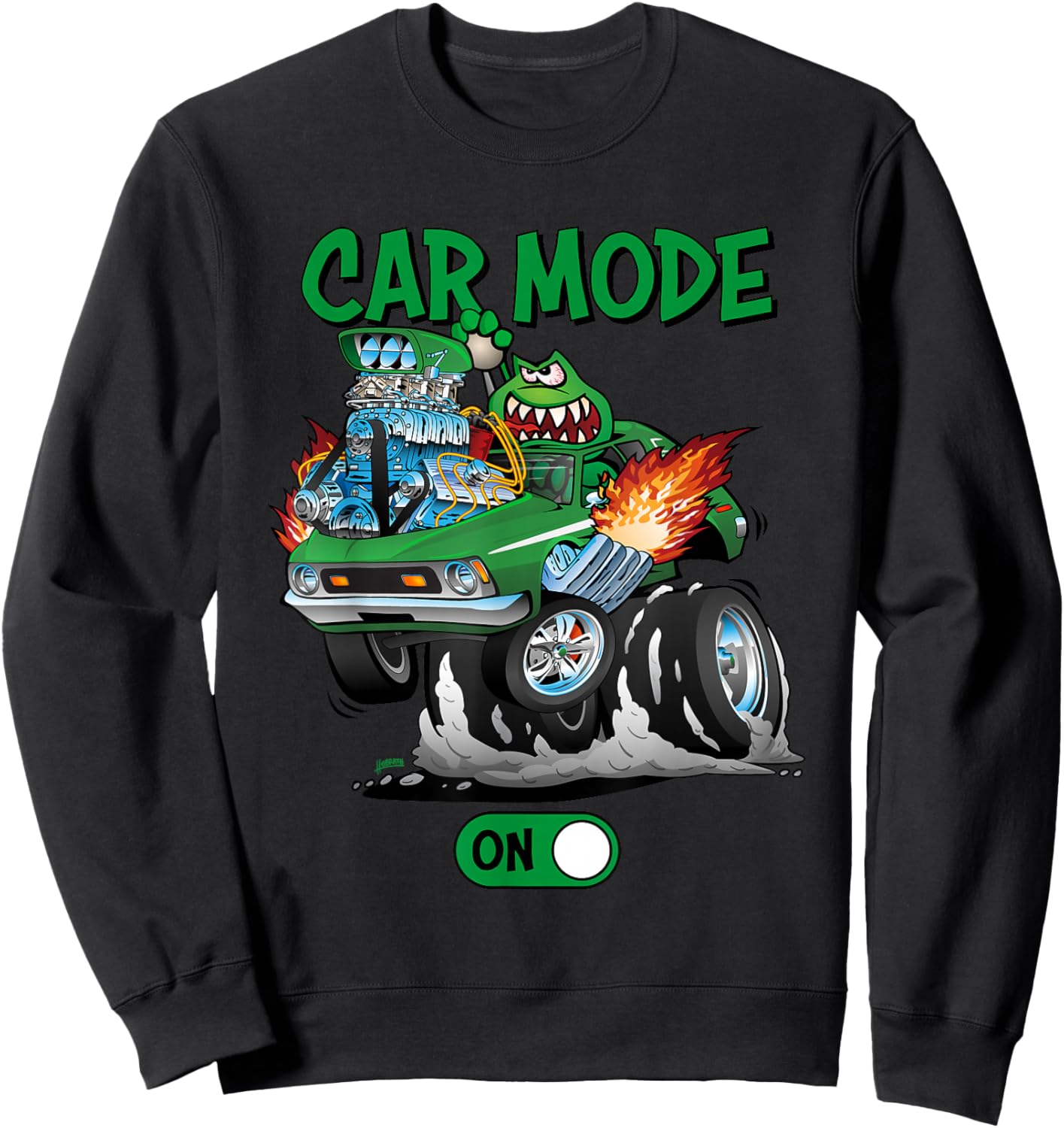 Car Mode On Funny Seventies Classic Car Dragster Cartoon Sweatshirt - Sweatshirt | Black
